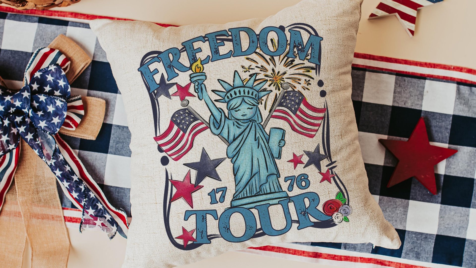 Freedom tour throw pillows for porch, Americana decor with red floral 4th of July home decor, patriotic gifts for women, military gifts