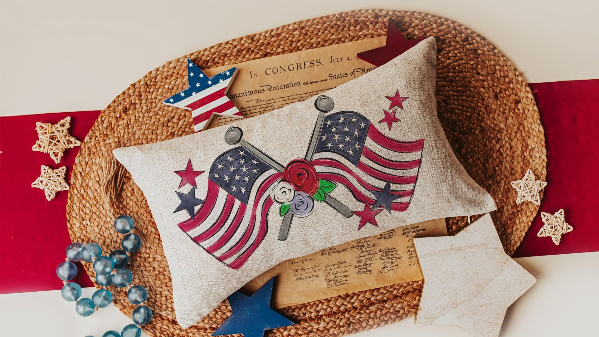 American flag lumbar throw pillows for porch, Americana decor with red floral 4th of July home decor, patriotic gifts for women, military