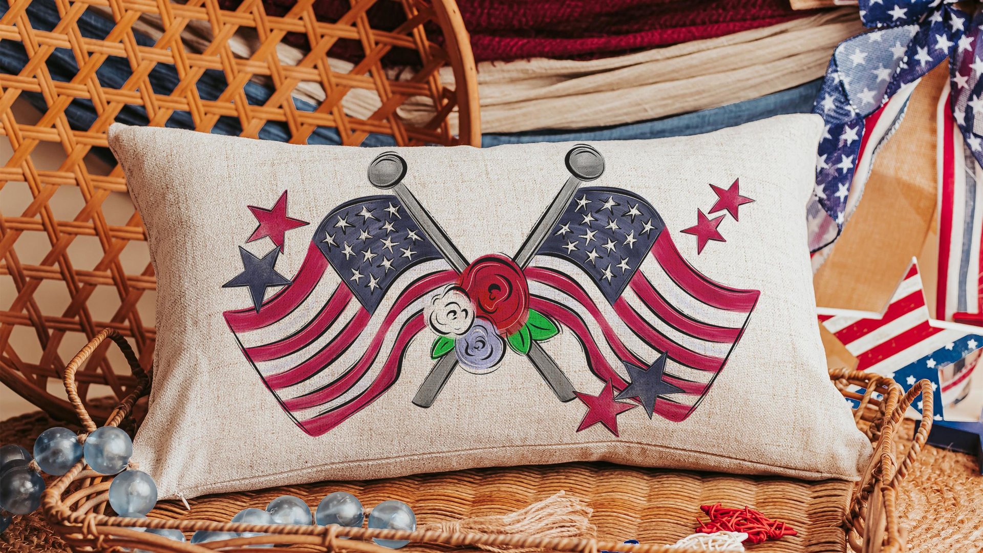 American flag lumbar throw pillows for porch, Americana decor with red floral 4th of July home decor, patriotic gifts for women, military