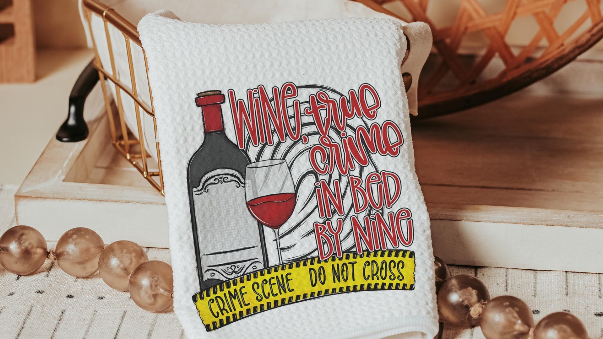 wine true crime in bed by 9 funny kitchen towels for women, true crime gift for her, serial killers and chill hand towel for guest bathroom
