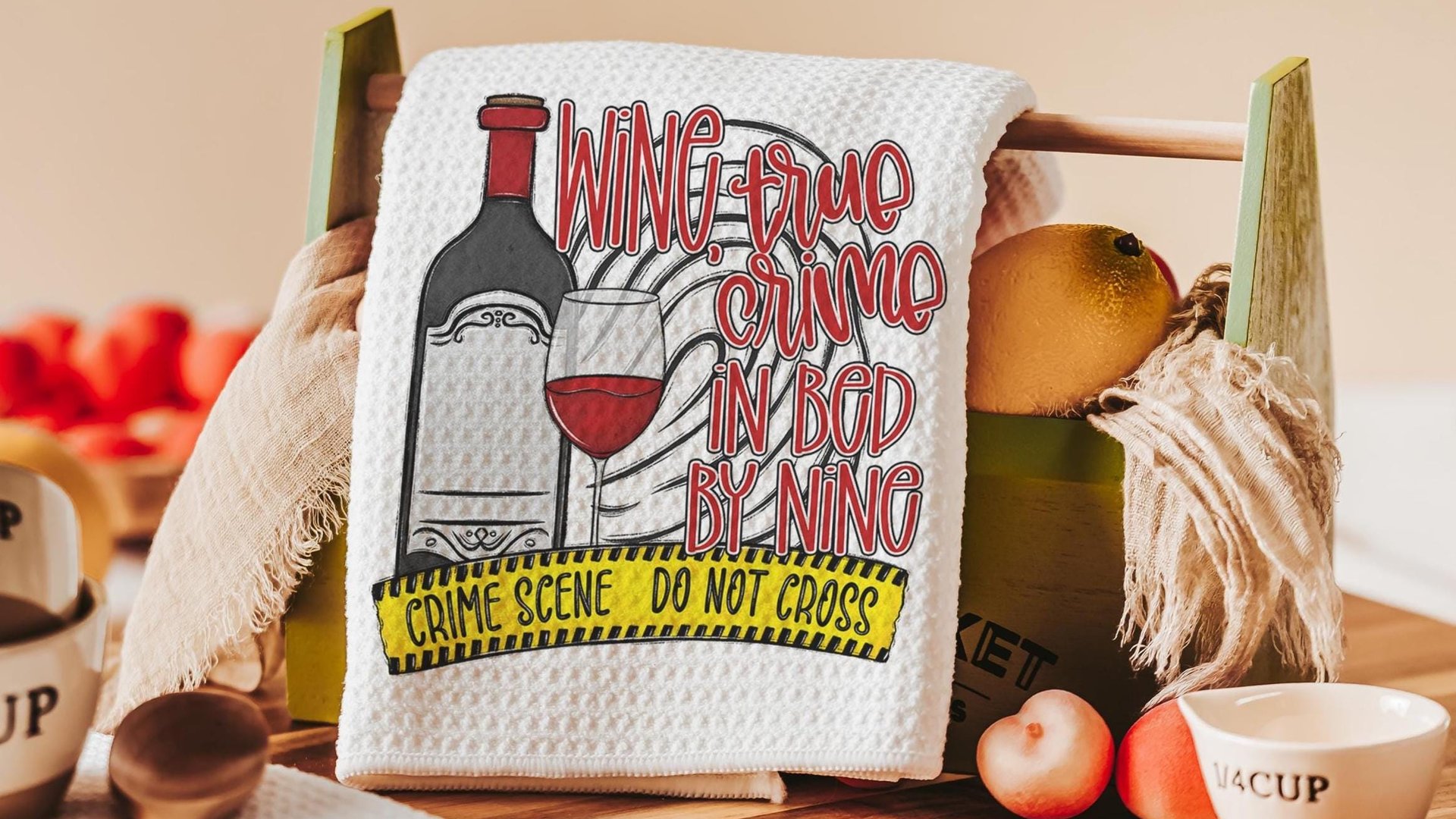 wine true crime in bed by 9 funny kitchen towels for women, true crime gift for her, serial killers and chill hand towel for guest bathroom