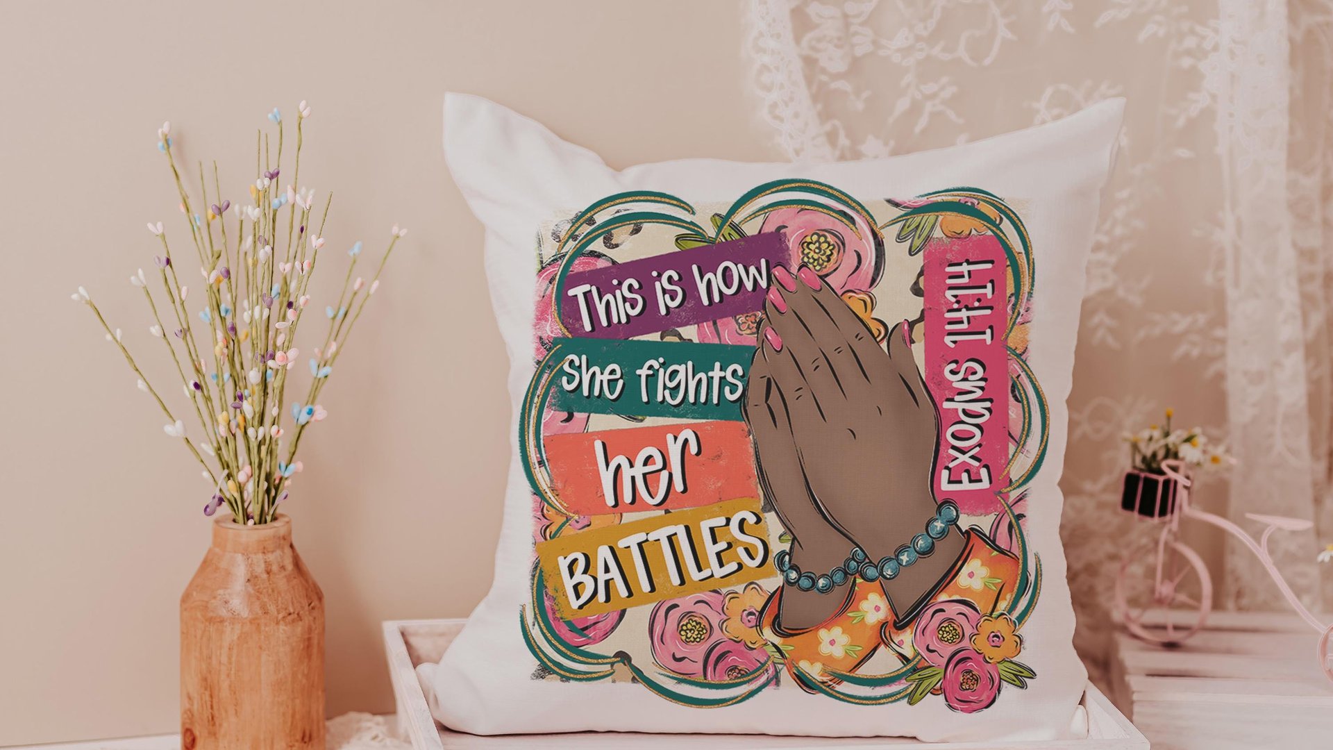 this is how I fight my battles faith based throw pillows for couch floral Christian gifts for best friends, Exodus 14:14 Bible verse accent