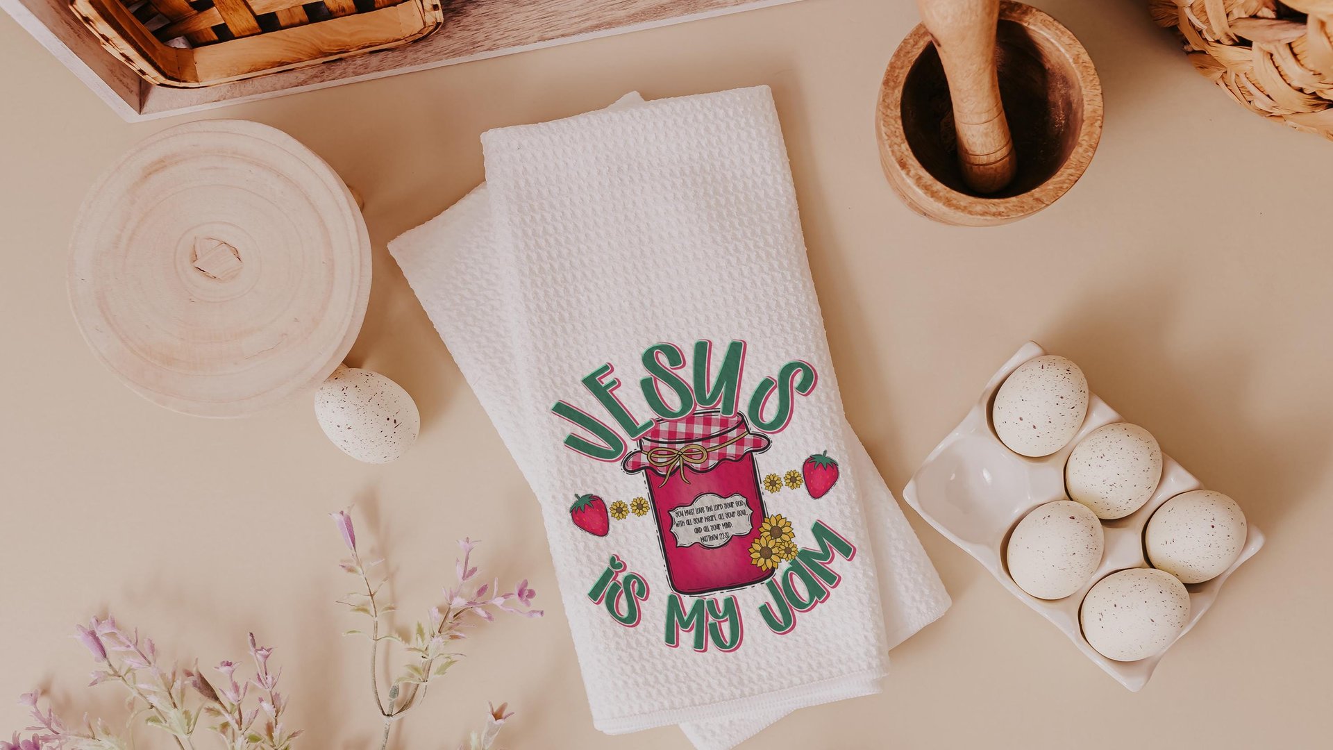 personalized Jesus is my jam hand towels for kitchen Christian gifts for daughter wedding shower, strawberry kitchen decor, Matthew 22:37