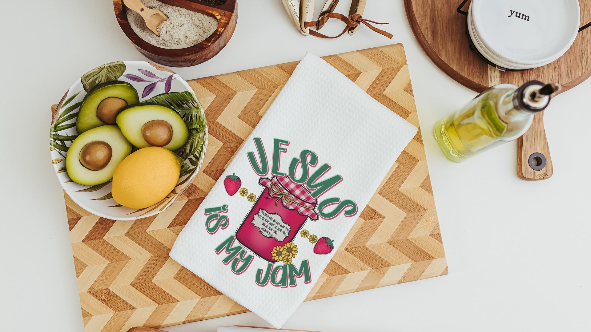 personalized Jesus is my jam hand towels for kitchen Christian gifts for daughter wedding shower, strawberry kitchen decor, Matthew 22:37