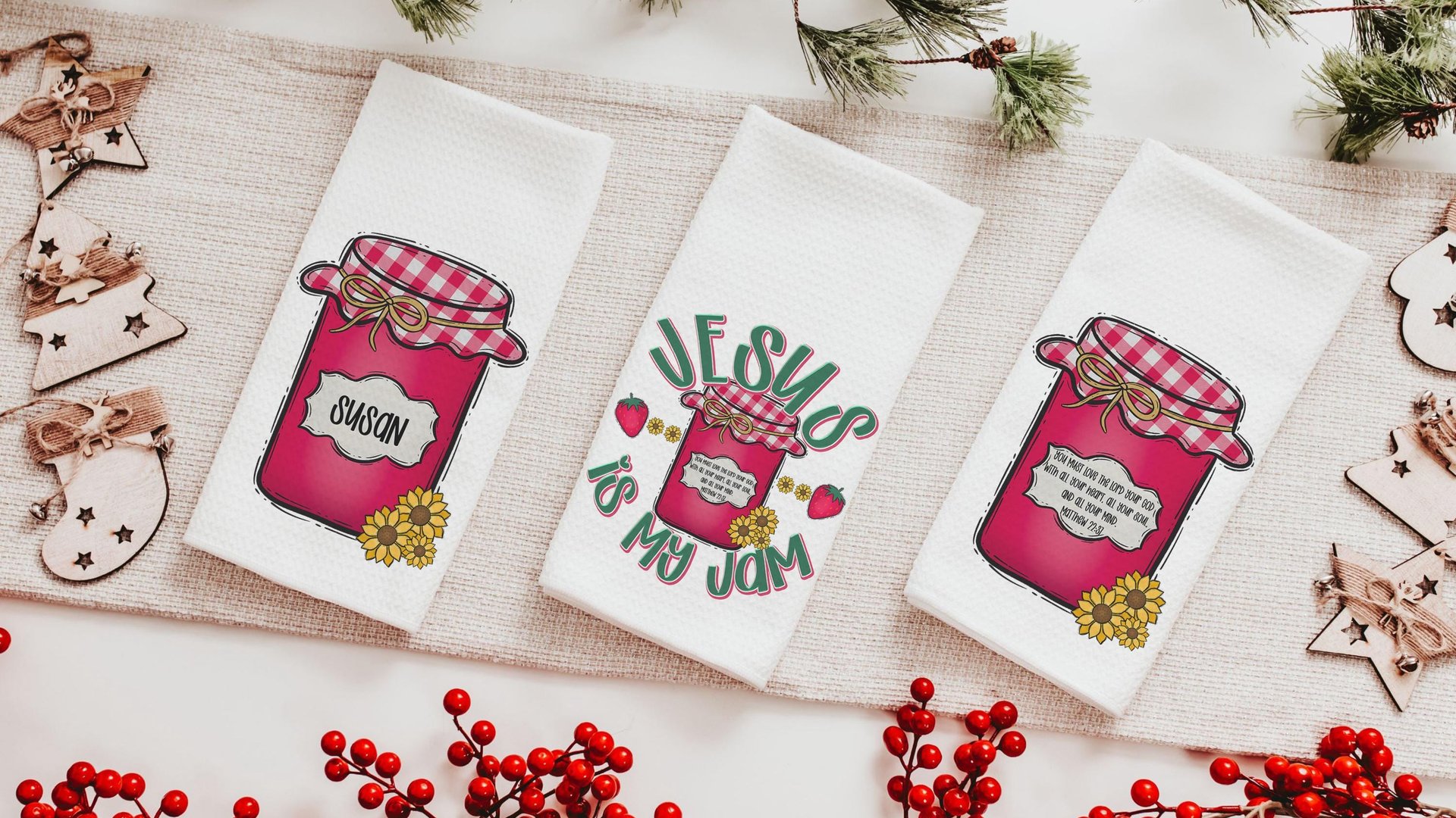 personalized Jesus is my jam hand towels for kitchen Christian gifts for daughter wedding shower, strawberry kitchen decor, Matthew 22:37