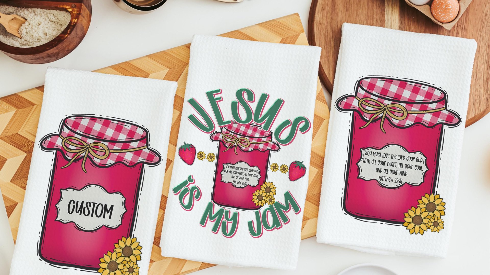 personalized Jesus is my jam hand towels for kitchen Christian gifts for daughter wedding shower, strawberry kitchen decor, Matthew 22:37