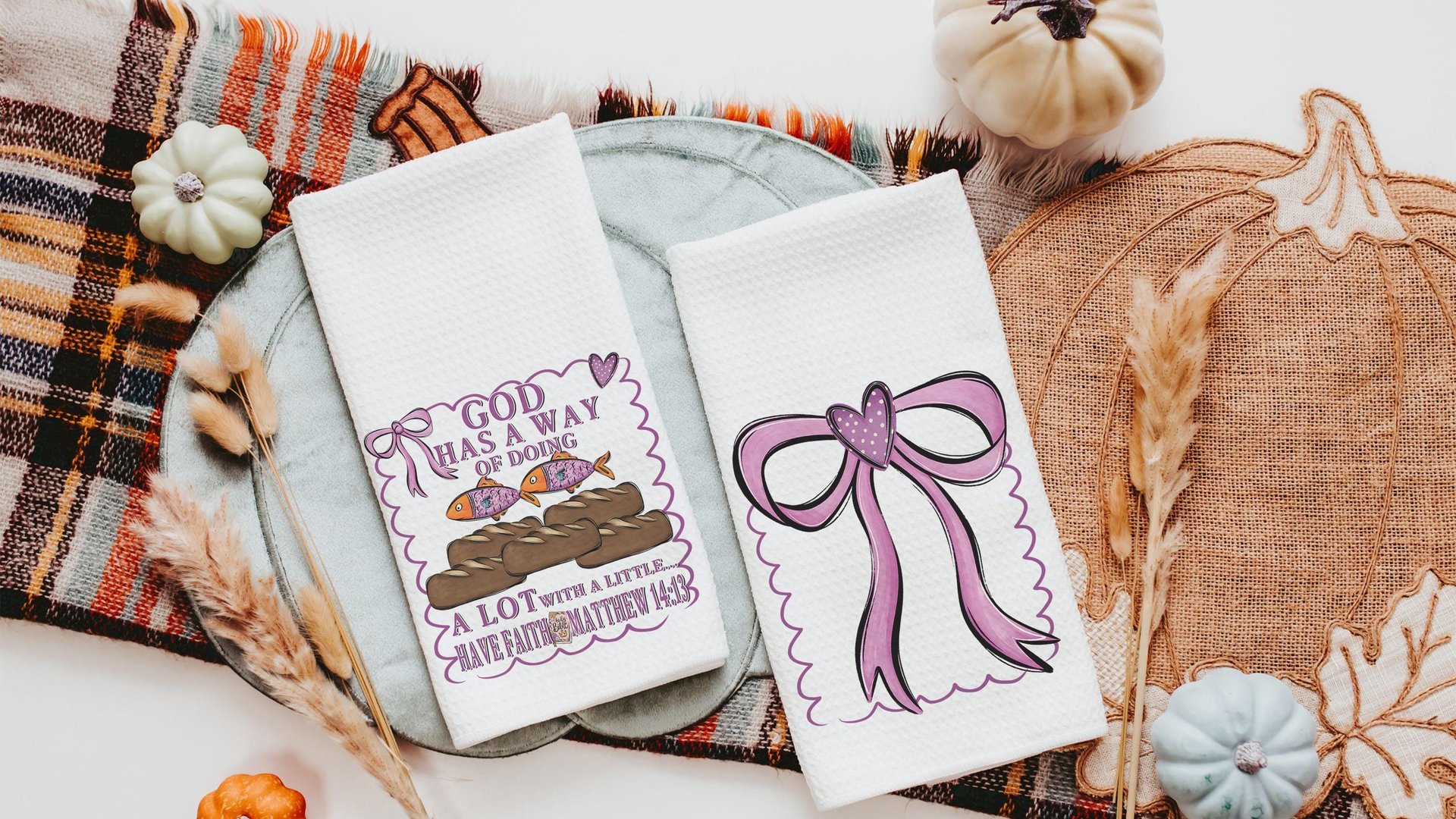 God has a way loaves and fish Christian kitchen towels for Mom, pink bow coquette hand towel for guest bathroom, Bible verse kitchen decor