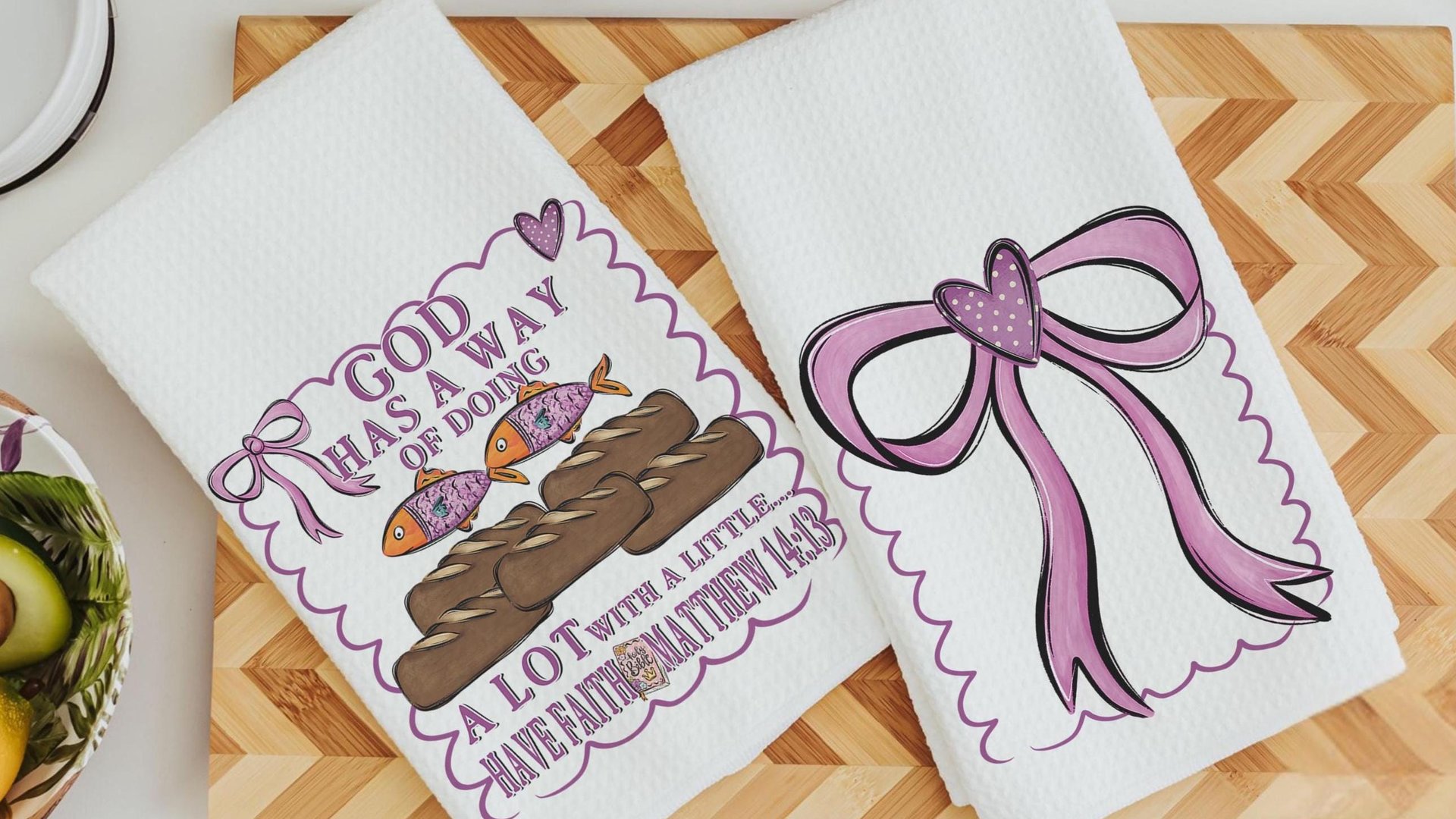 God has a way loaves and fish Christian kitchen towels for Mom, pink bow coquette hand towel for guest bathroom, Bible verse kitchen decor