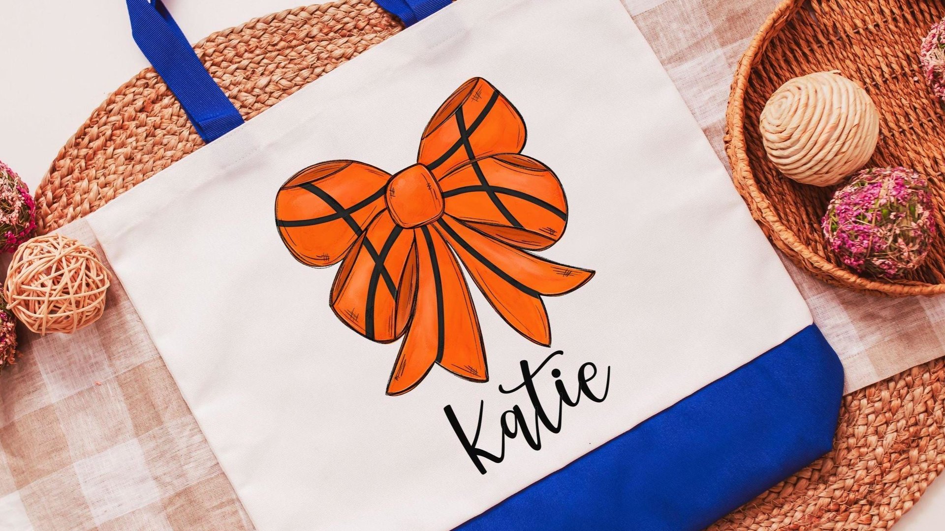 personalized girly basketball tote bag for books, cute basketball senior gifts for girls, unique gifts for teenage girls, game day tote