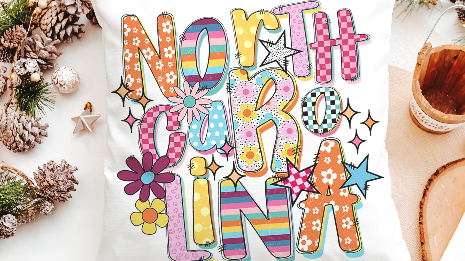 pink checkered North Carolina throw pillow for couch, NC gifts, real estate office decor, new realtor gifts, colorful floral decorative