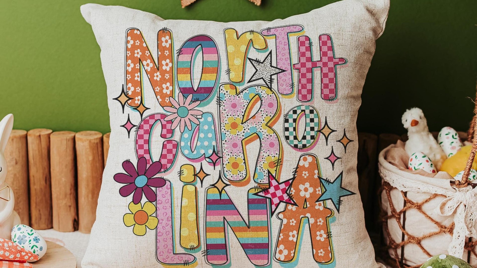 pink checkered North Carolina throw pillow for couch, NC gifts, real estate office decor, new realtor gifts, colorful floral decorative