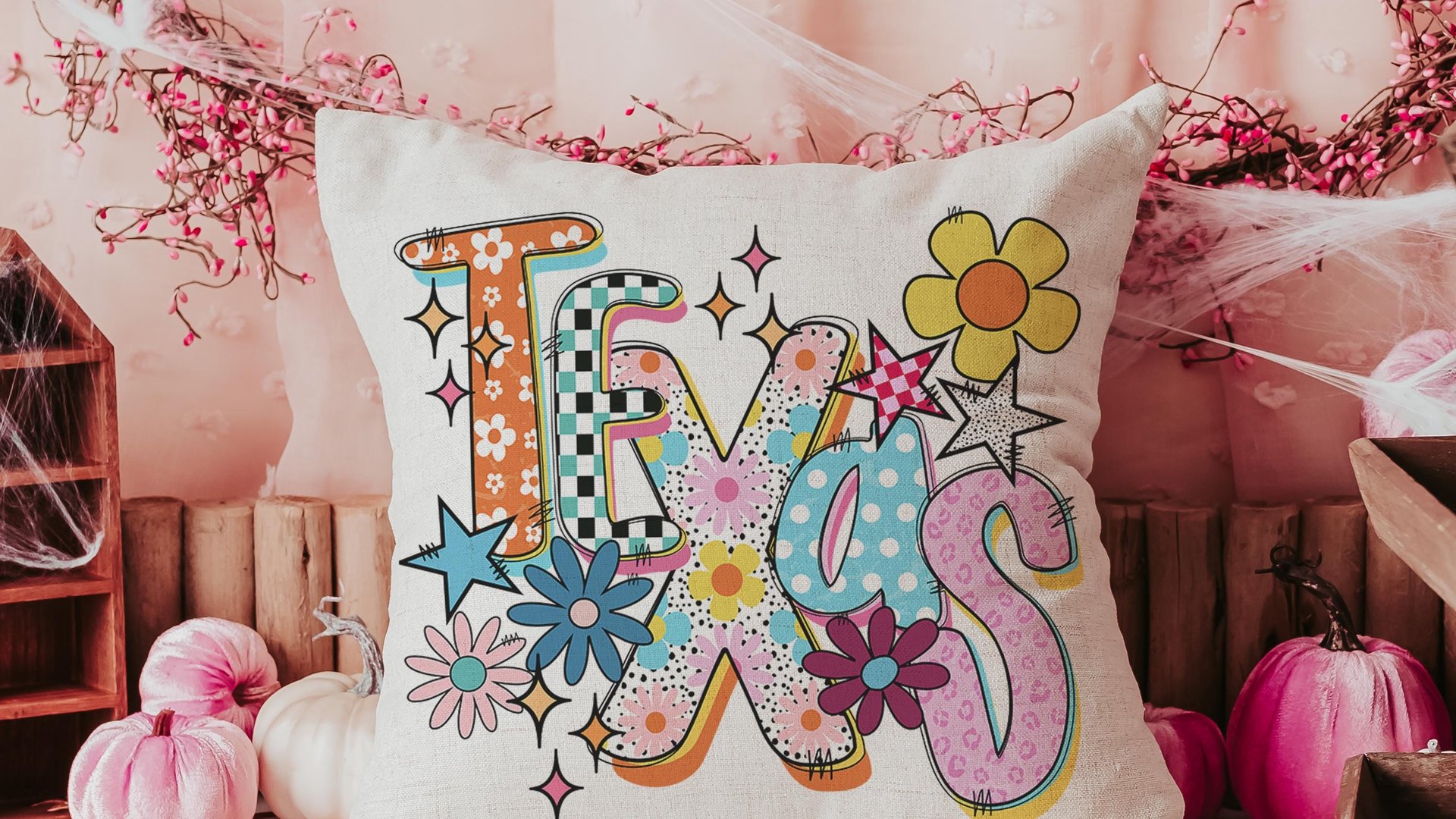 floral Texas throw pillows for couch colorful decorative pillows for sofa, whimsical home decor gift dorm decor, Texas gifts for house, TX