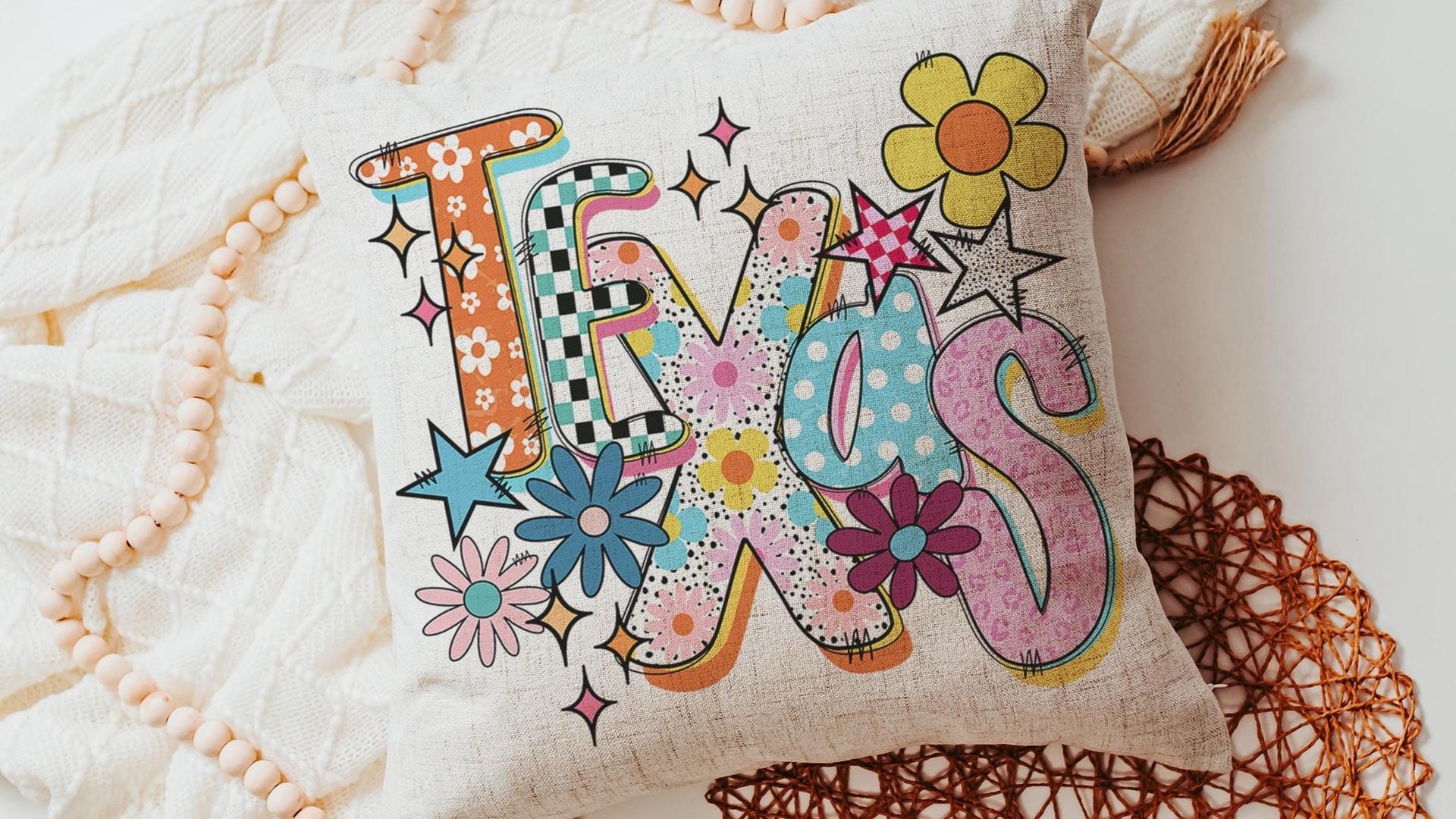 floral Texas throw pillows for couch colorful decorative pillows for sofa, whimsical home decor gift dorm decor, Texas gifts for house, TX