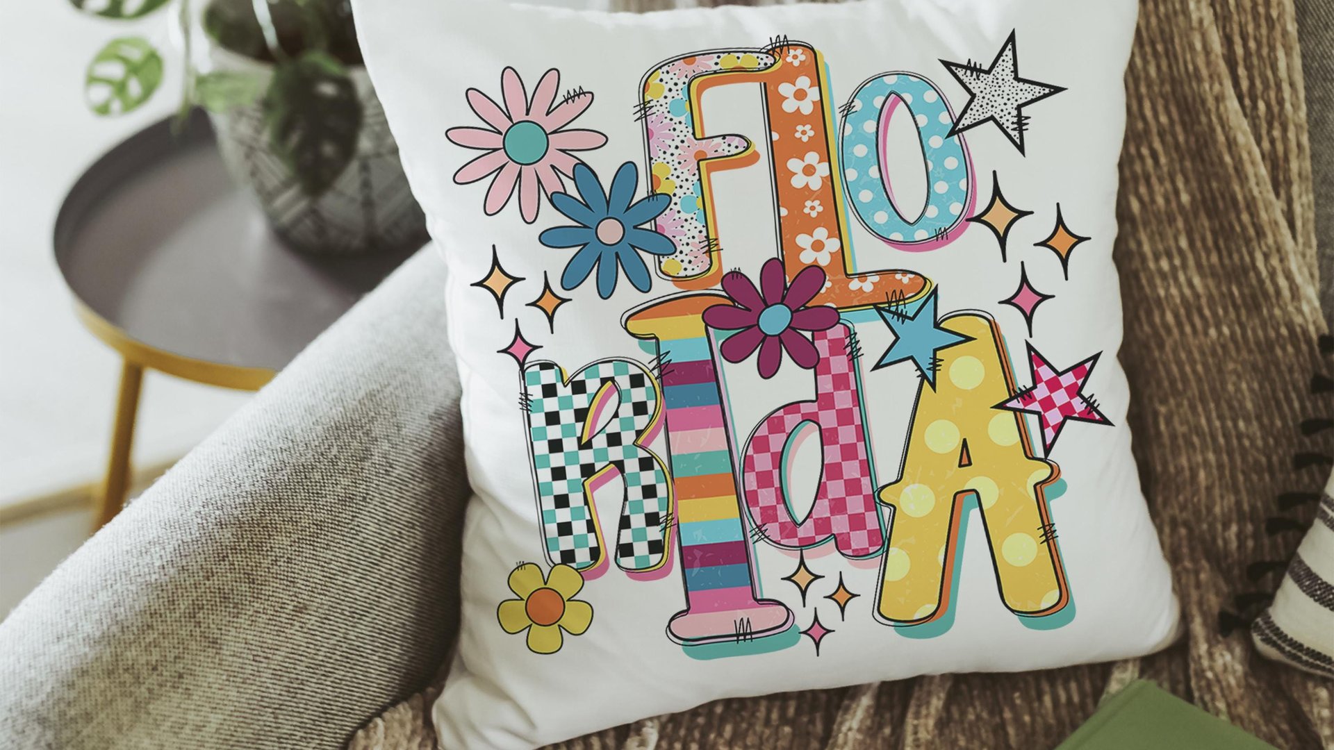 bright checkered Florida throw pillow for sunroom, Florida gifts for her, lanai decor, boho decorative pillows for sofa, 2026 decor trends