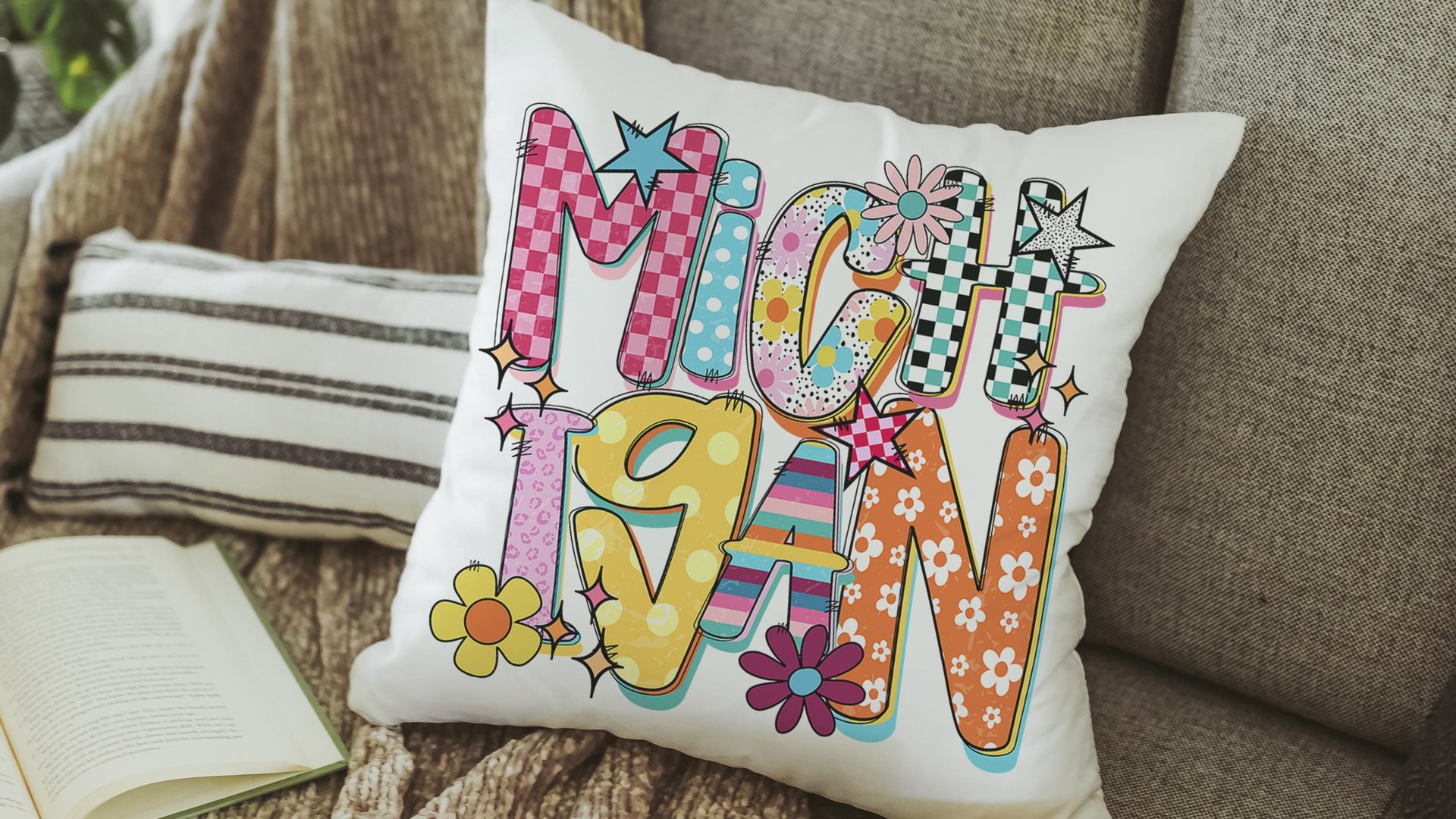 trendy Michigan throw pillows for couch colorful Michigan dorm decor for girls, real estate agent gifts, bright Michigan decor for office