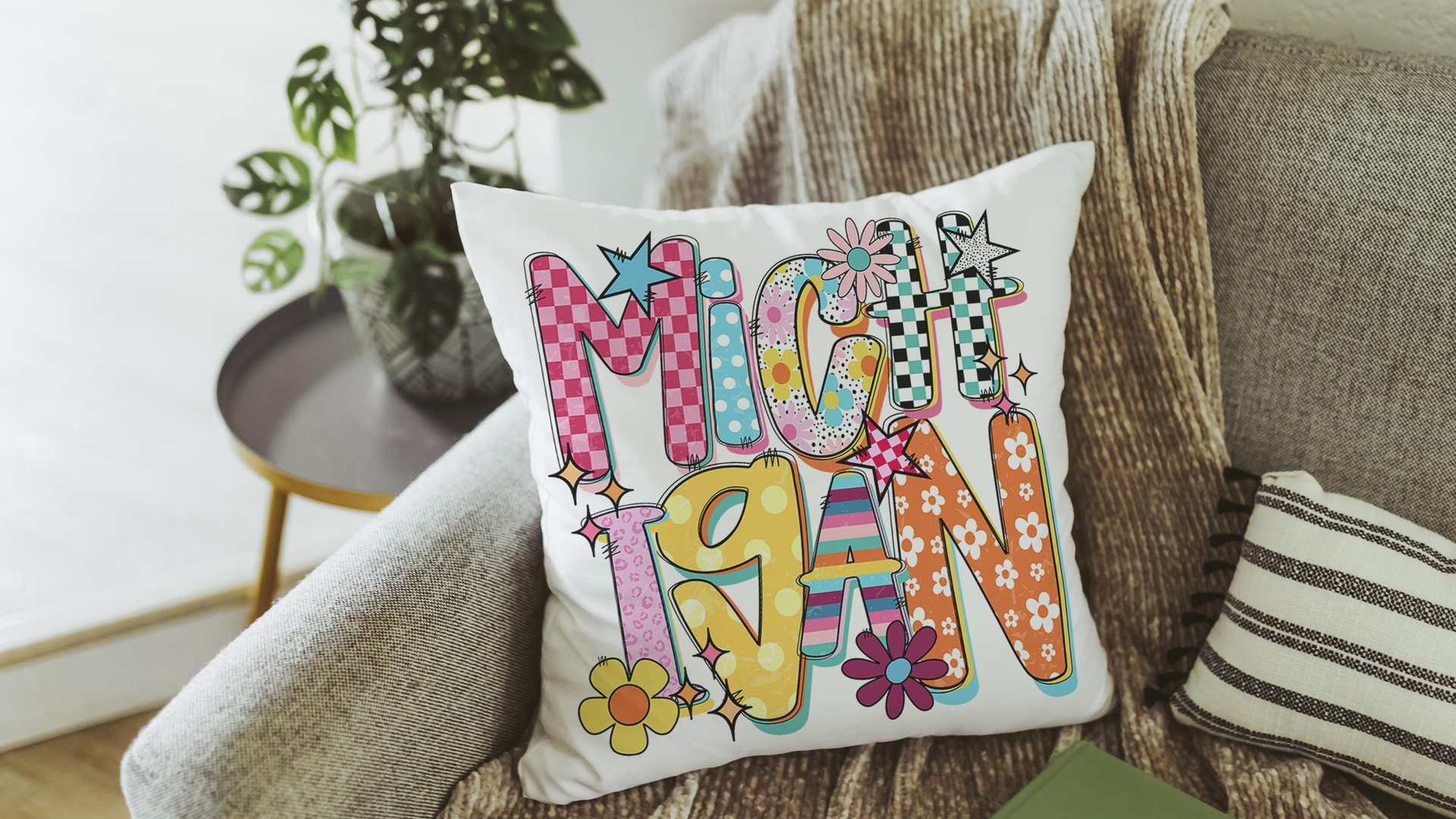 trendy Michigan throw pillows for couch colorful Michigan dorm decor for girls, real estate agent gifts, bright Michigan decor for office