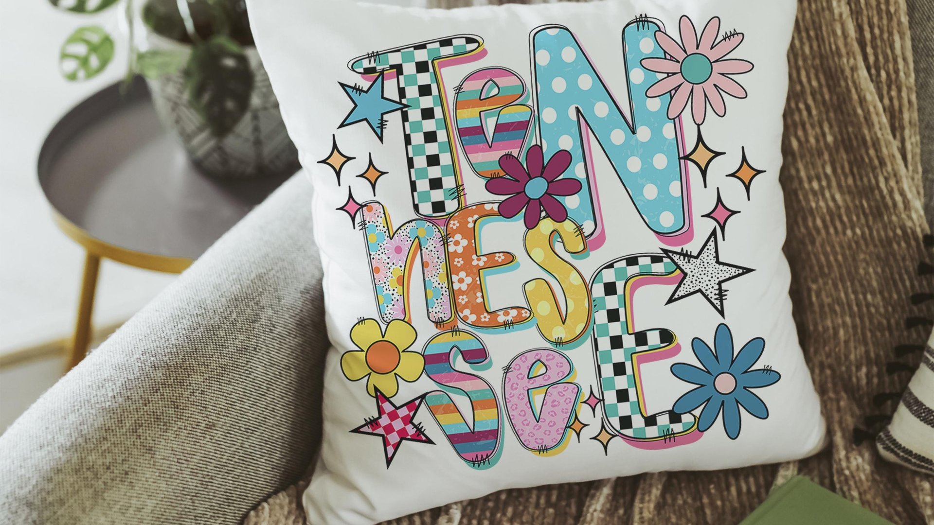 colorful Tennessee pillow for dorm, cute Tennessee gifts for her, real estate office decor, new realtor gifts, decorative pillows for couch
