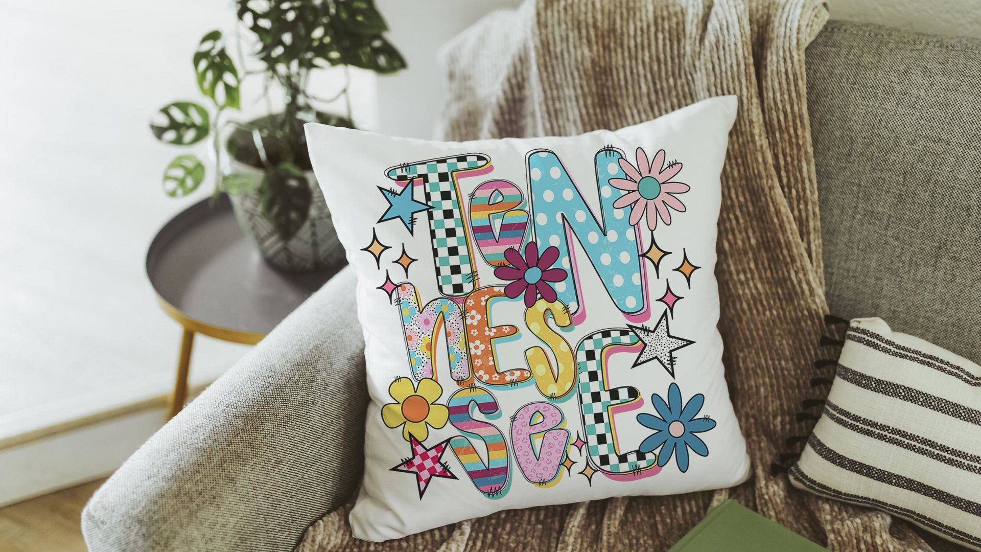 colorful Tennessee pillow for dorm, cute Tennessee gifts for her, real estate office decor, new realtor gifts, decorative pillows for couch