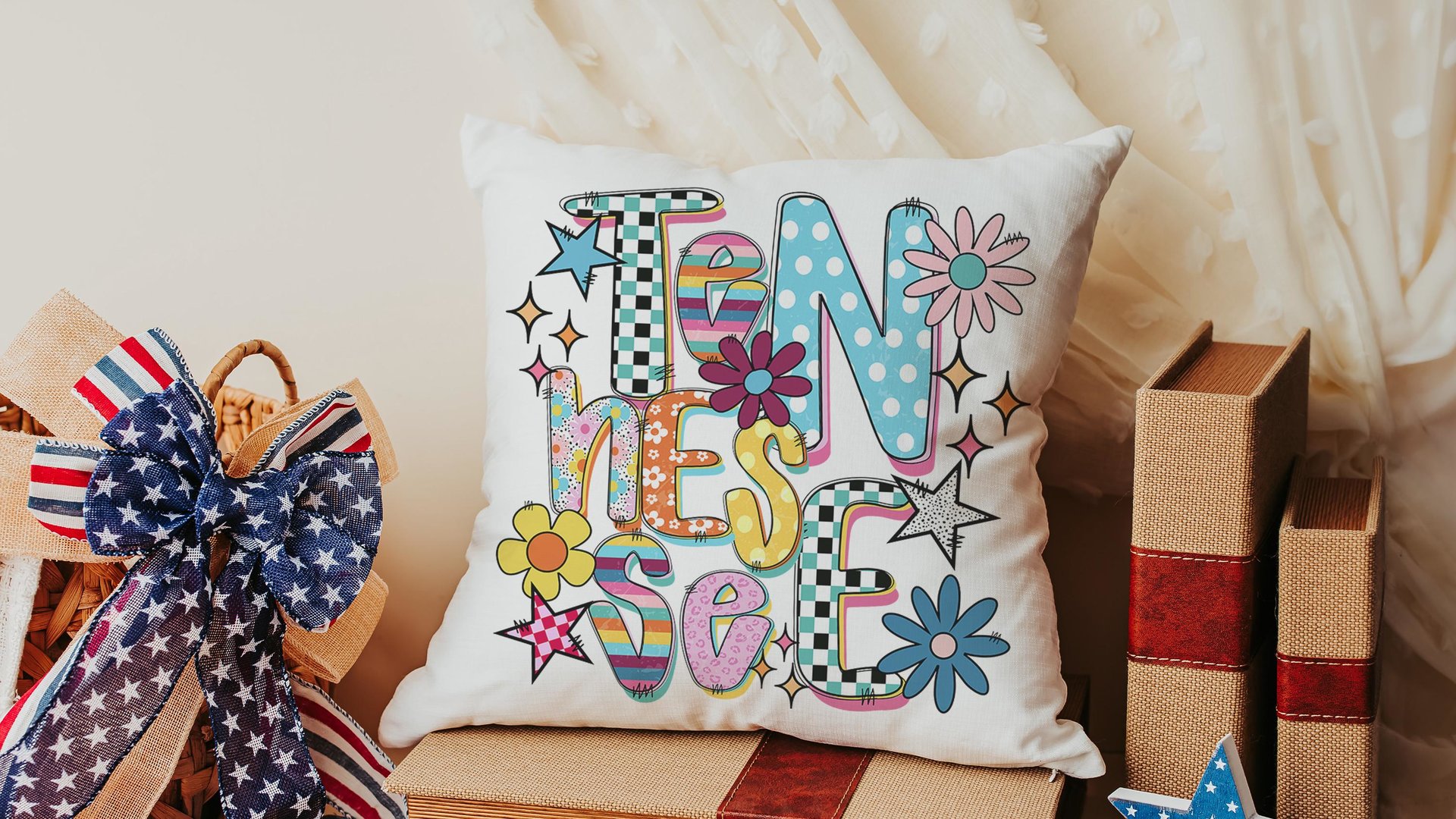 colorful Tennessee pillow for dorm, cute Tennessee gifts for her, real estate office decor, new realtor gifts, decorative pillows for couch