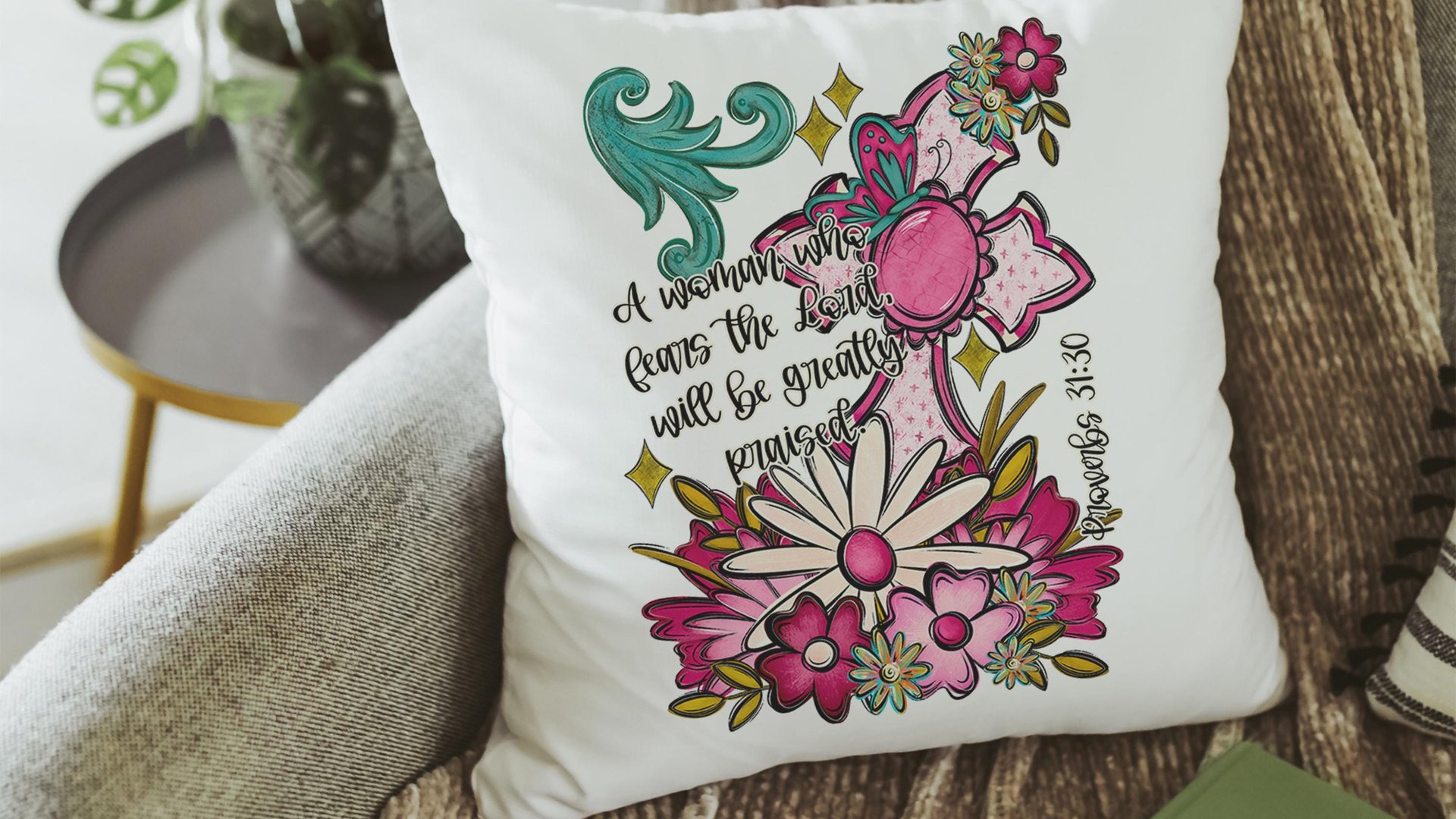 proverbs 31:30 throw pillows for couch floral decorative pillows with scripture, home decor gift for her, Christian gifts for best friends