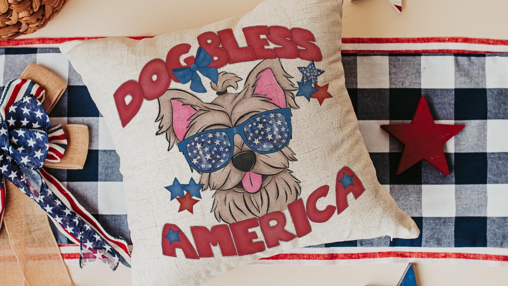 dog bless America Yorkshire terrier 4th of July throw pillows for day bed, red white and blue patriotic dog gift for home, Yorkie pillow for