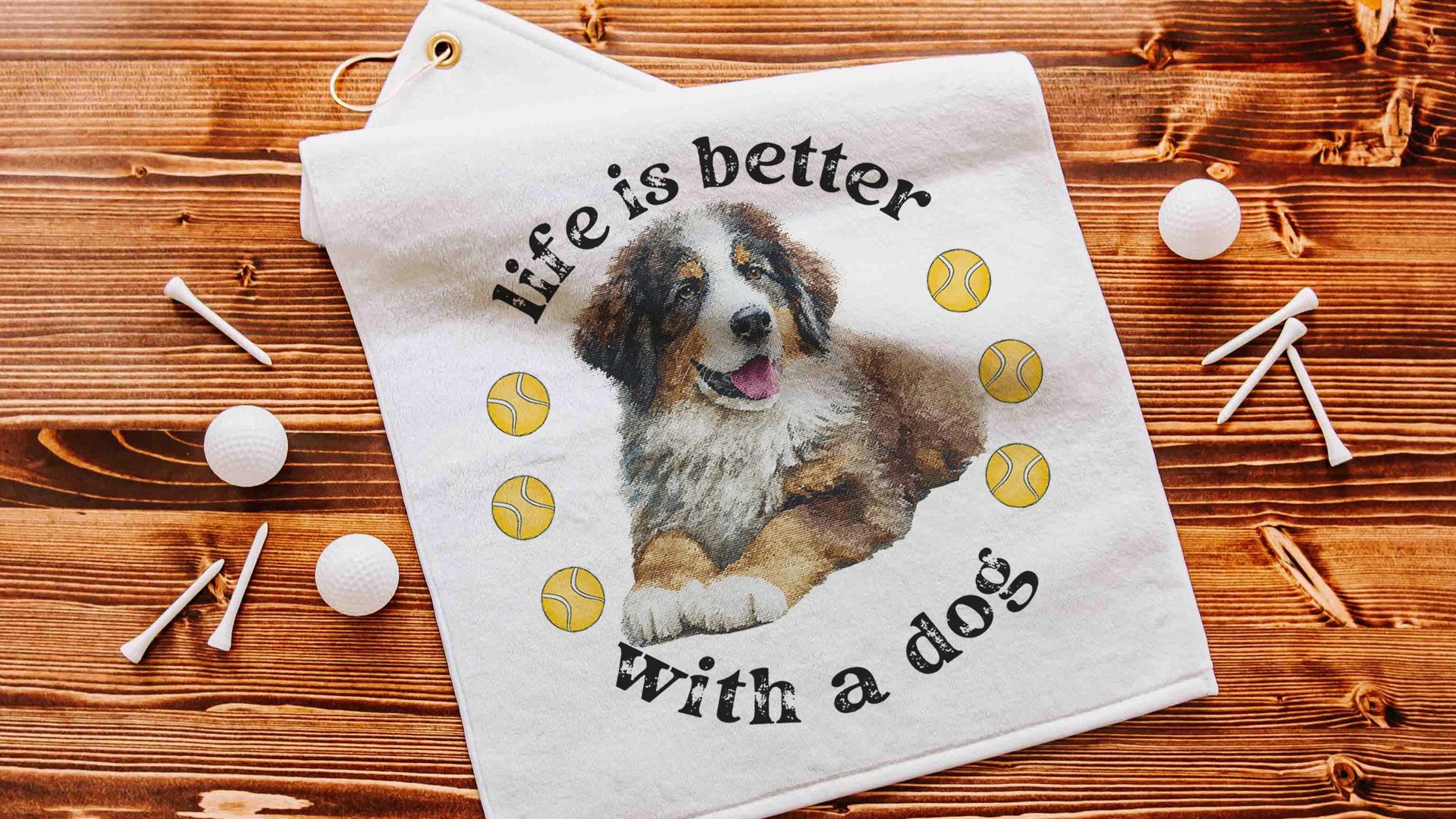 life is better with a dog tennis towel, Bernese mountain dog sweat towel with loop, best gifts for dog lovers, gym bag accessories, unique