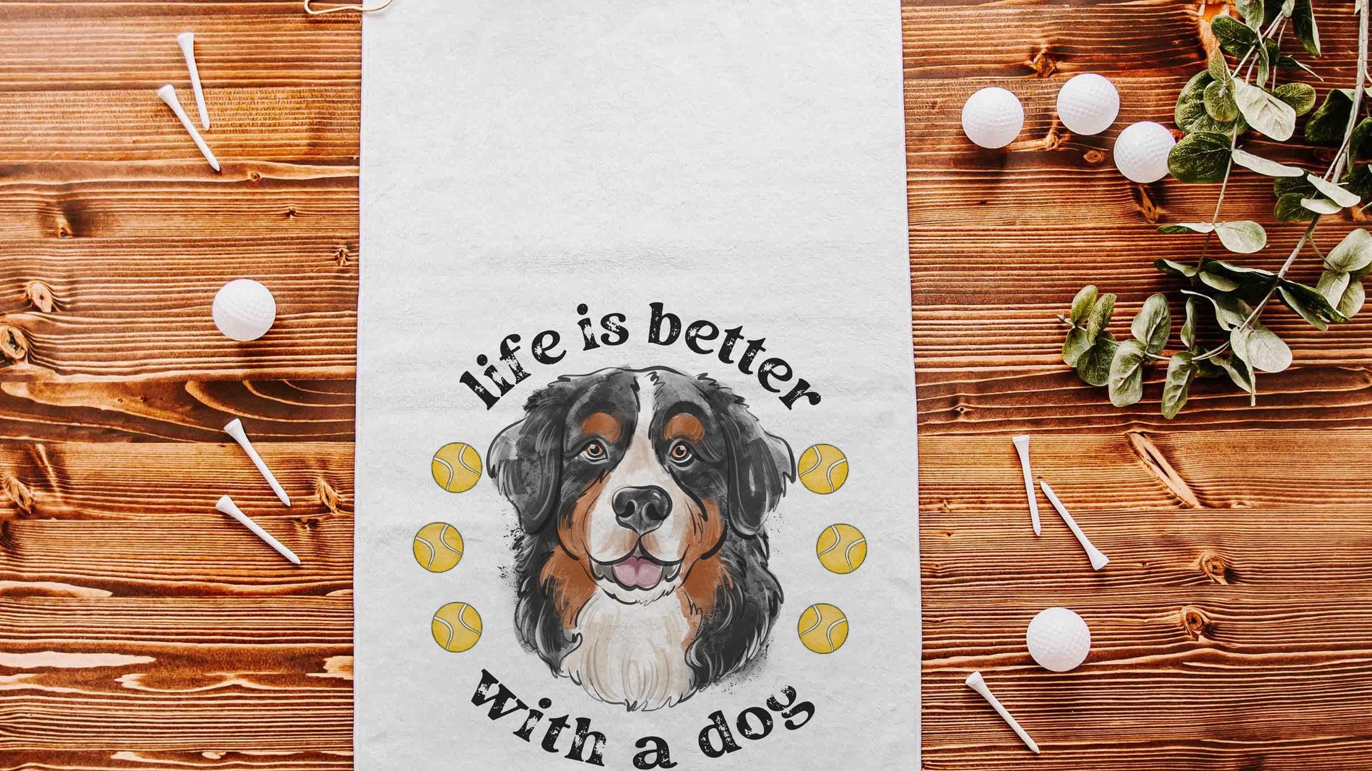 life is better with dogs golf towel Christmas gifts for golfers, golf stocking stuffers, Bernese mountain dog gift for him, golf bag towel