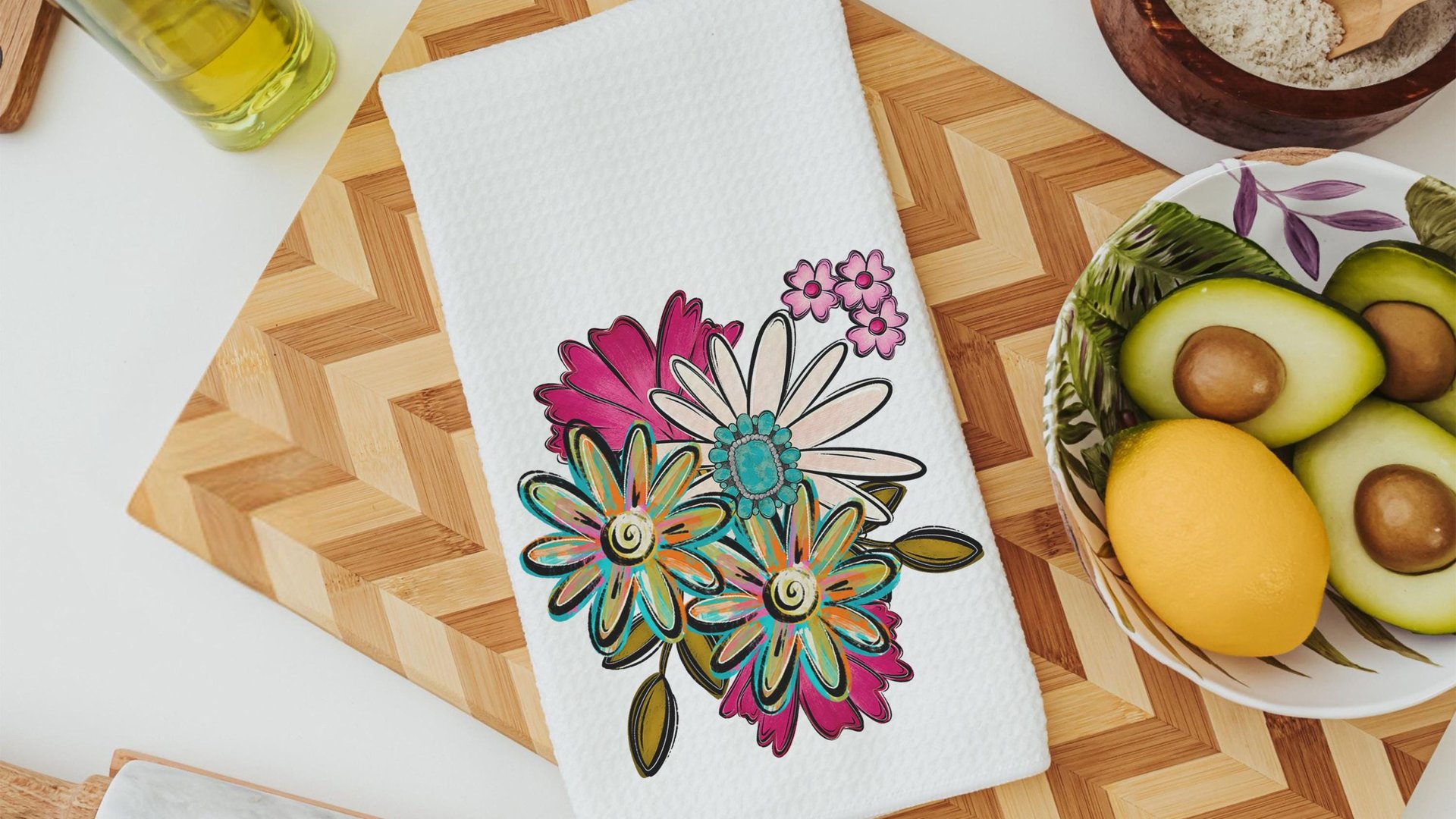 wild faith kitchen towels for gifts, boho floral hand towel for bathroom, southwestern kitchen decor, turquoise thunderbird gifts for women