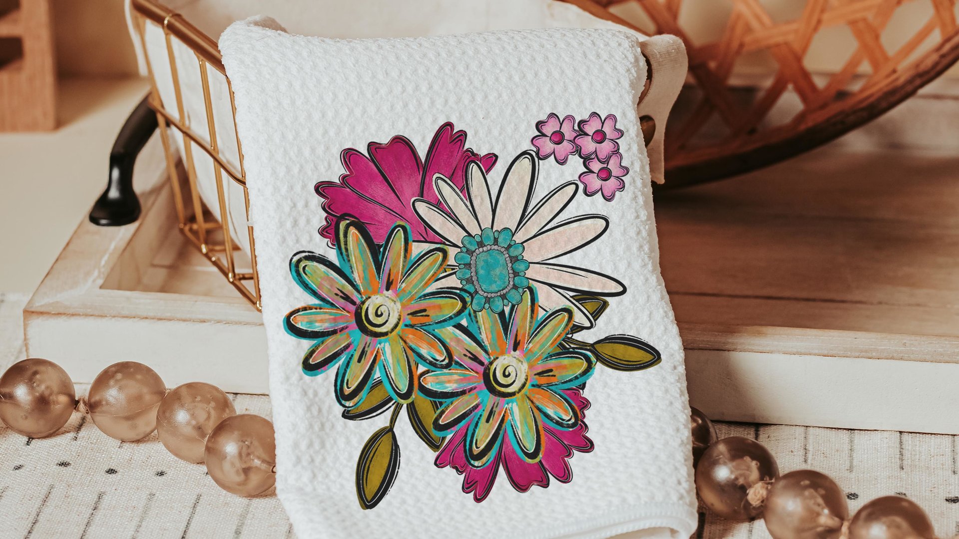 wild faith kitchen towels for gifts, boho floral hand towel for bathroom, southwestern kitchen decor, turquoise thunderbird gifts for women