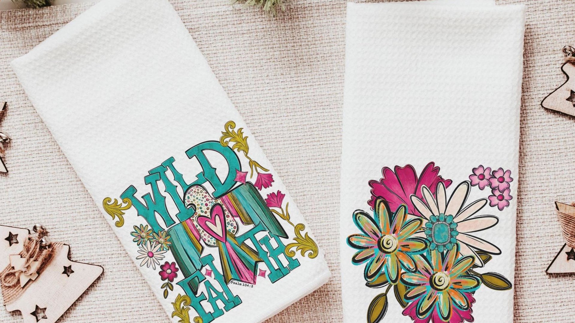 wild faith kitchen towels for gifts, boho floral hand towel for bathroom, southwestern kitchen decor, turquoise thunderbird gifts for women