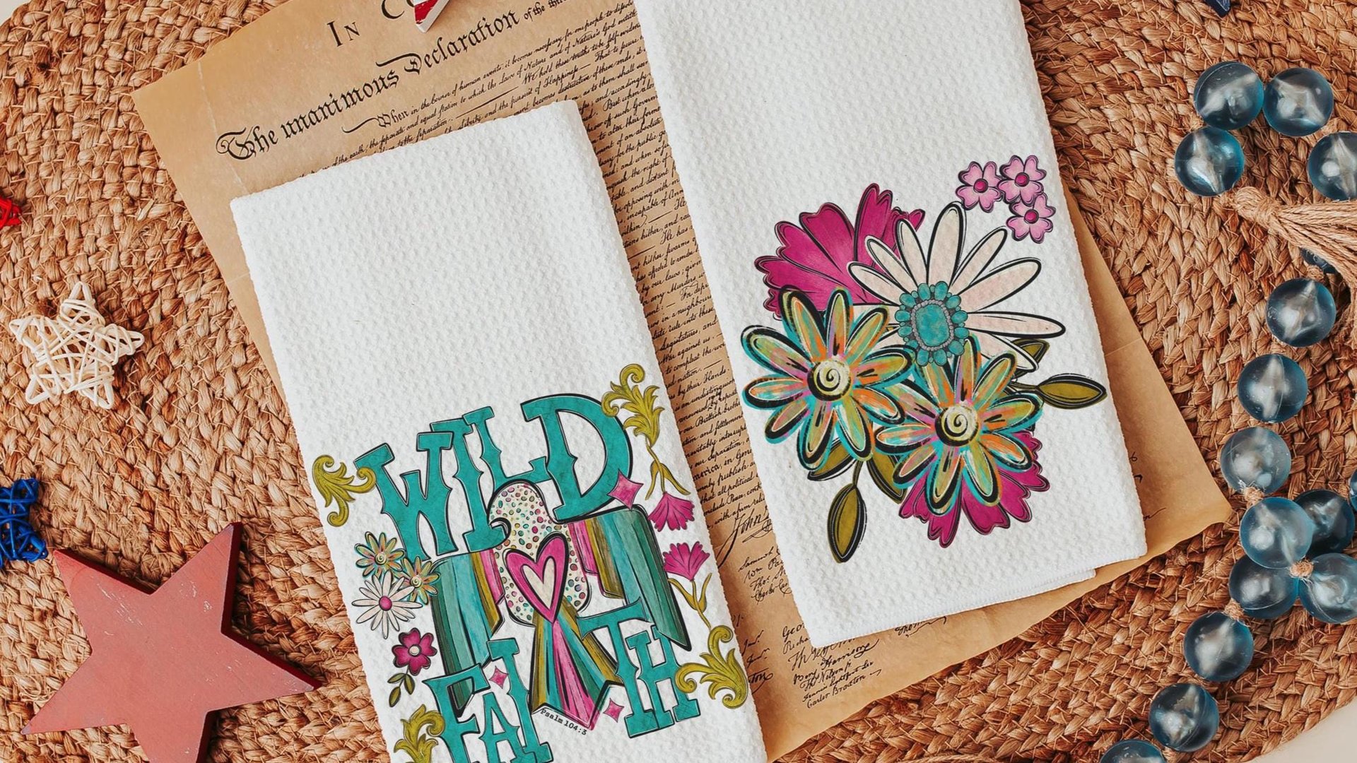 wild faith kitchen towels for gifts, boho floral hand towel for bathroom, southwestern kitchen decor, turquoise thunderbird gifts for women