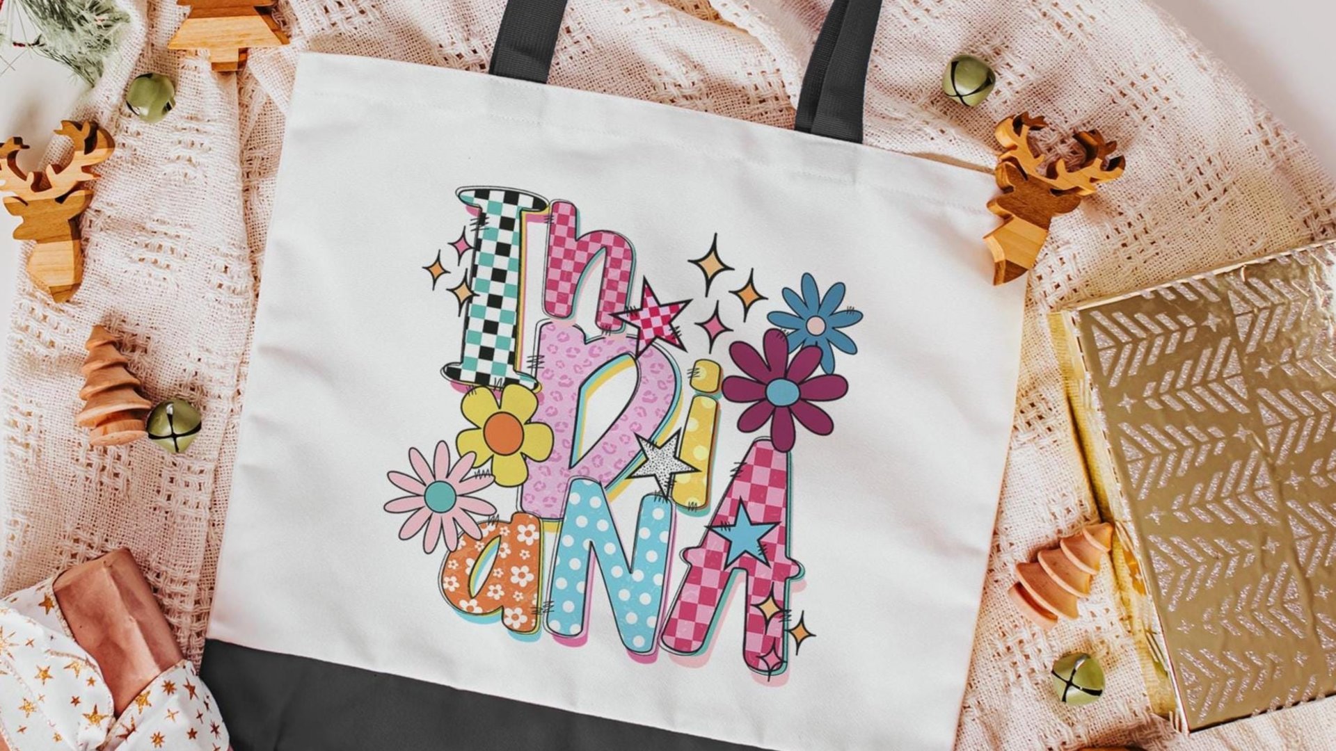 baby pink leopard print Indiana tote bag for women, bright checkered realtor tote bag real estate agent gift, Indiana girl Indiana gifts