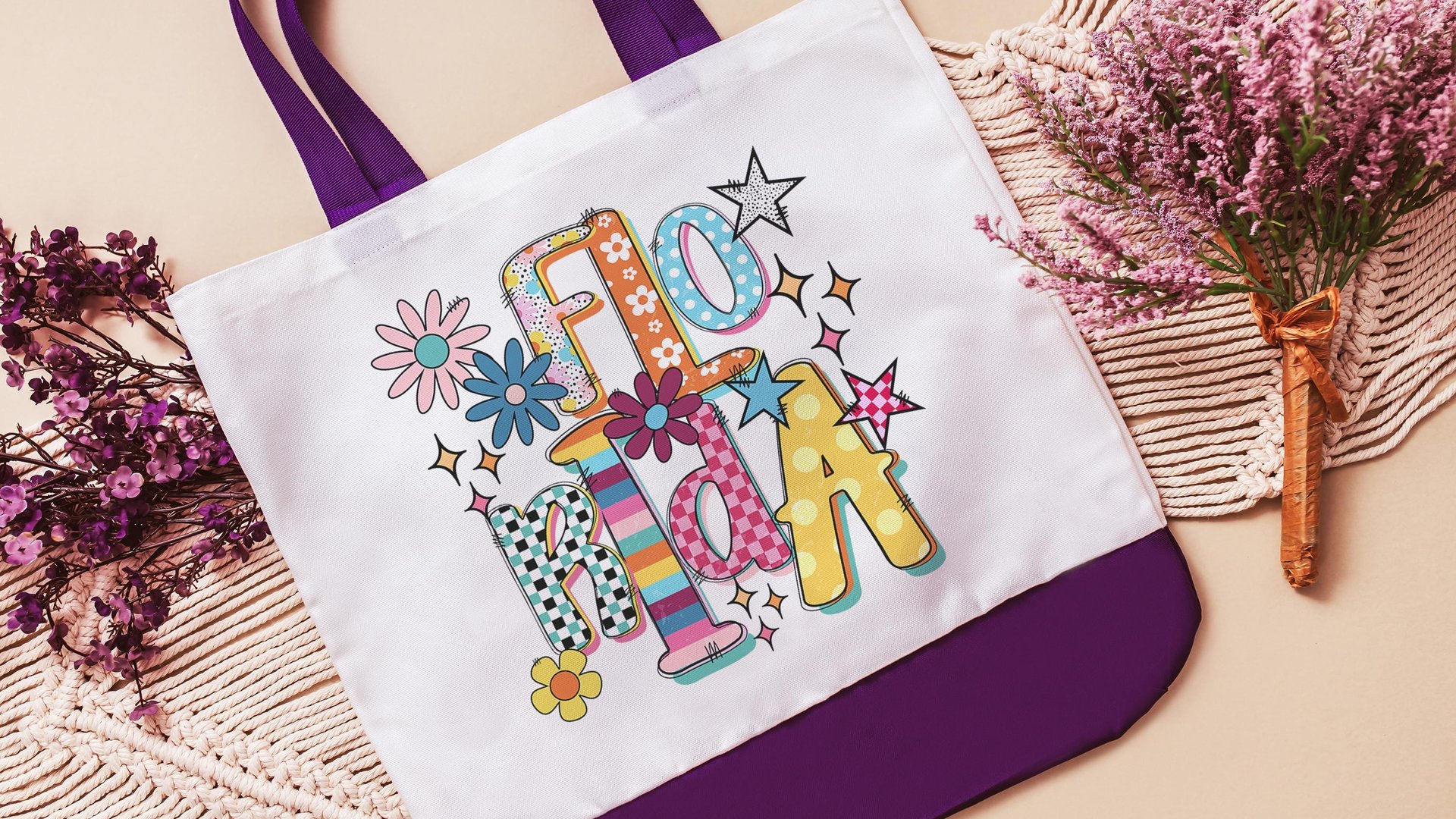 rainbow stripe Florida tote bag for summer, trendy checkered beach bag for women, realtor tote bag real estate agent gift, Florida gifts for