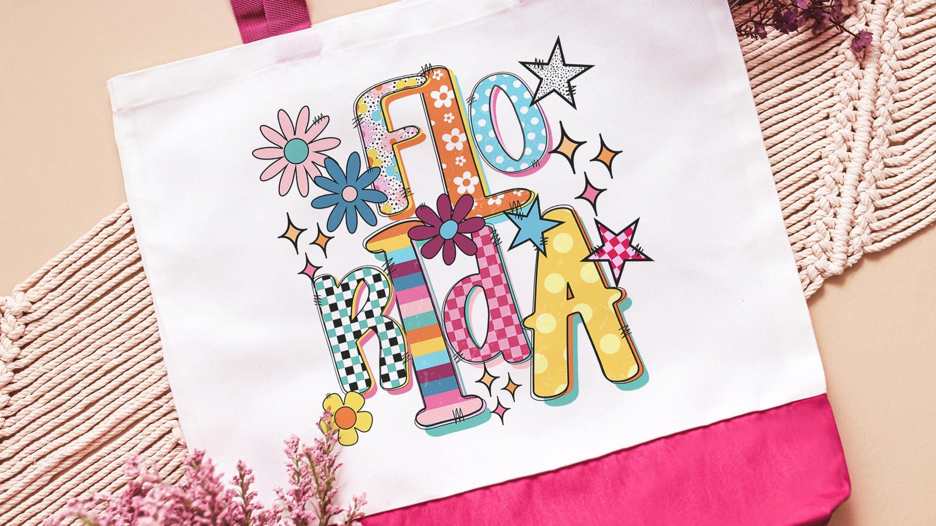 rainbow stripe Florida tote bag for summer, trendy checkered beach bag for women, realtor tote bag real estate agent gift, Florida gifts for