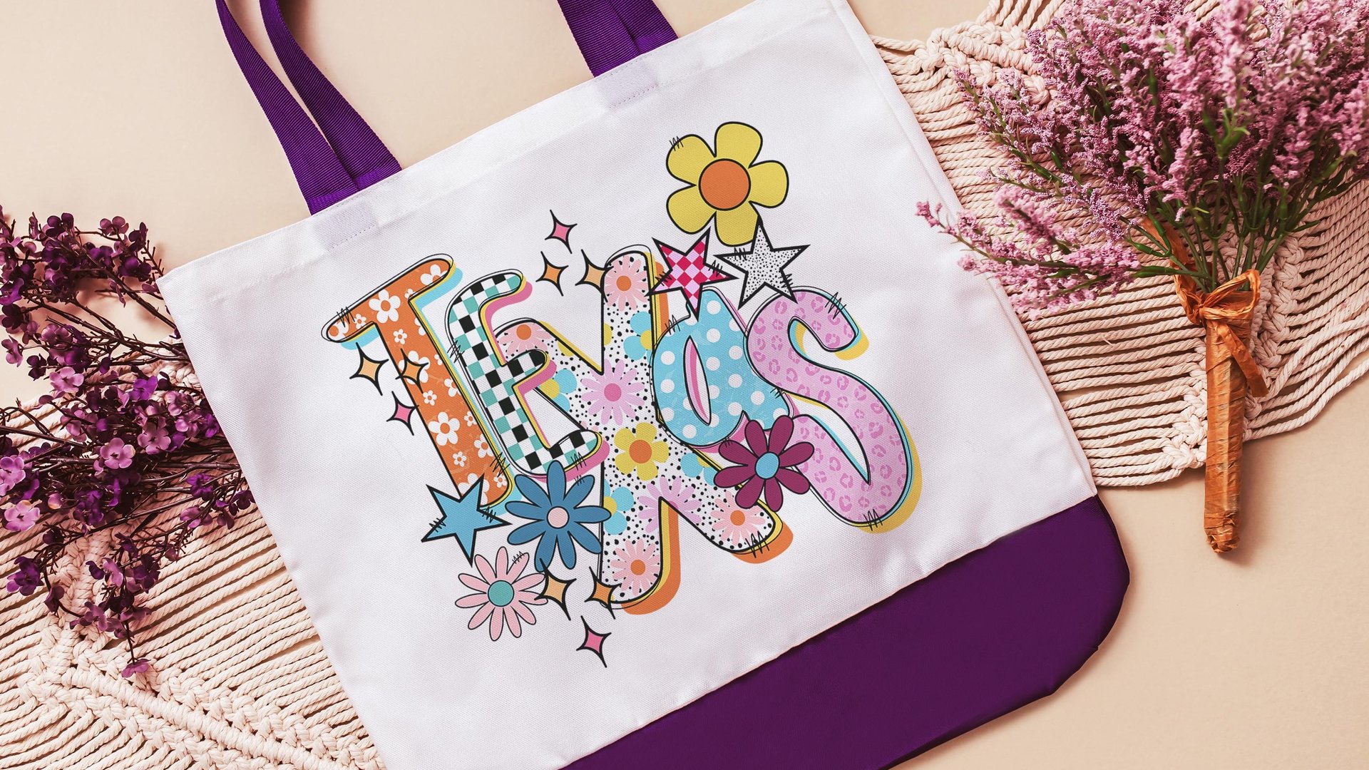 rainbow stripe Texas tote bag for beach, pink checkered TX realtor tote bag real estate agent gift, cute Texas gift for women, orange floral