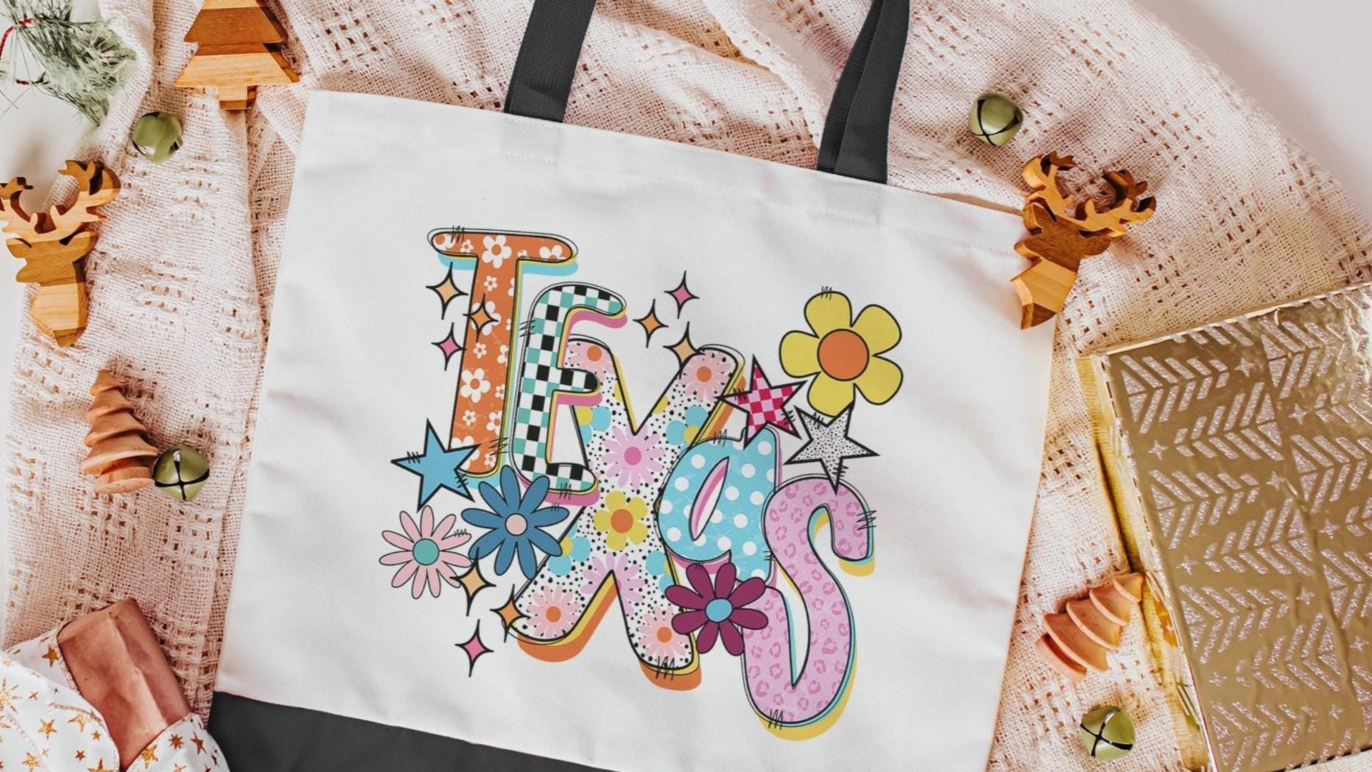 rainbow stripe Texas tote bag for beach, pink checkered TX realtor tote bag real estate agent gift, cute Texas gift for women, orange floral