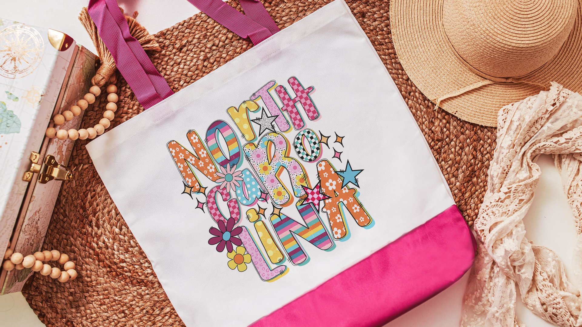 rainbow stripe North Carolina tote bag for her, North Carolina gifts for women, realtor tote bag real estate agent gift, NC gifts, floral