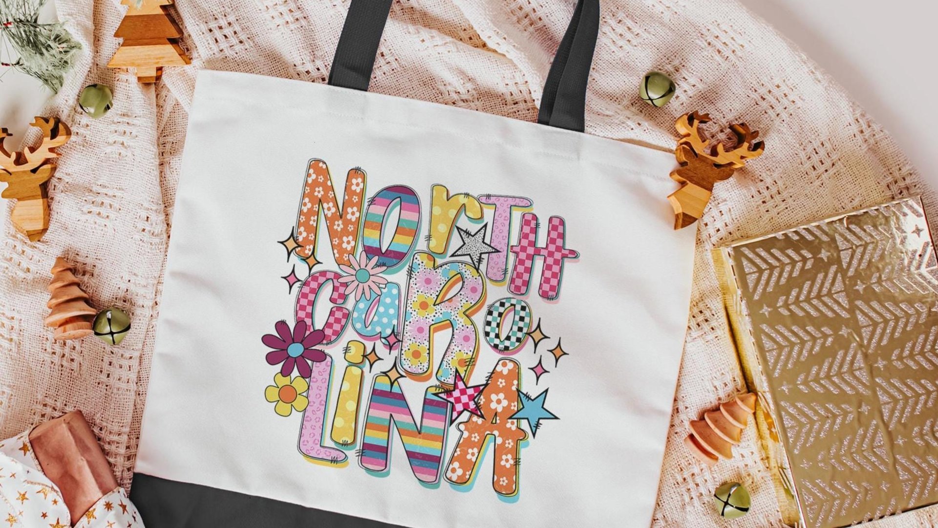 rainbow stripe North Carolina tote bag for her, North Carolina gifts for women, realtor tote bag real estate agent gift, NC gifts, floral