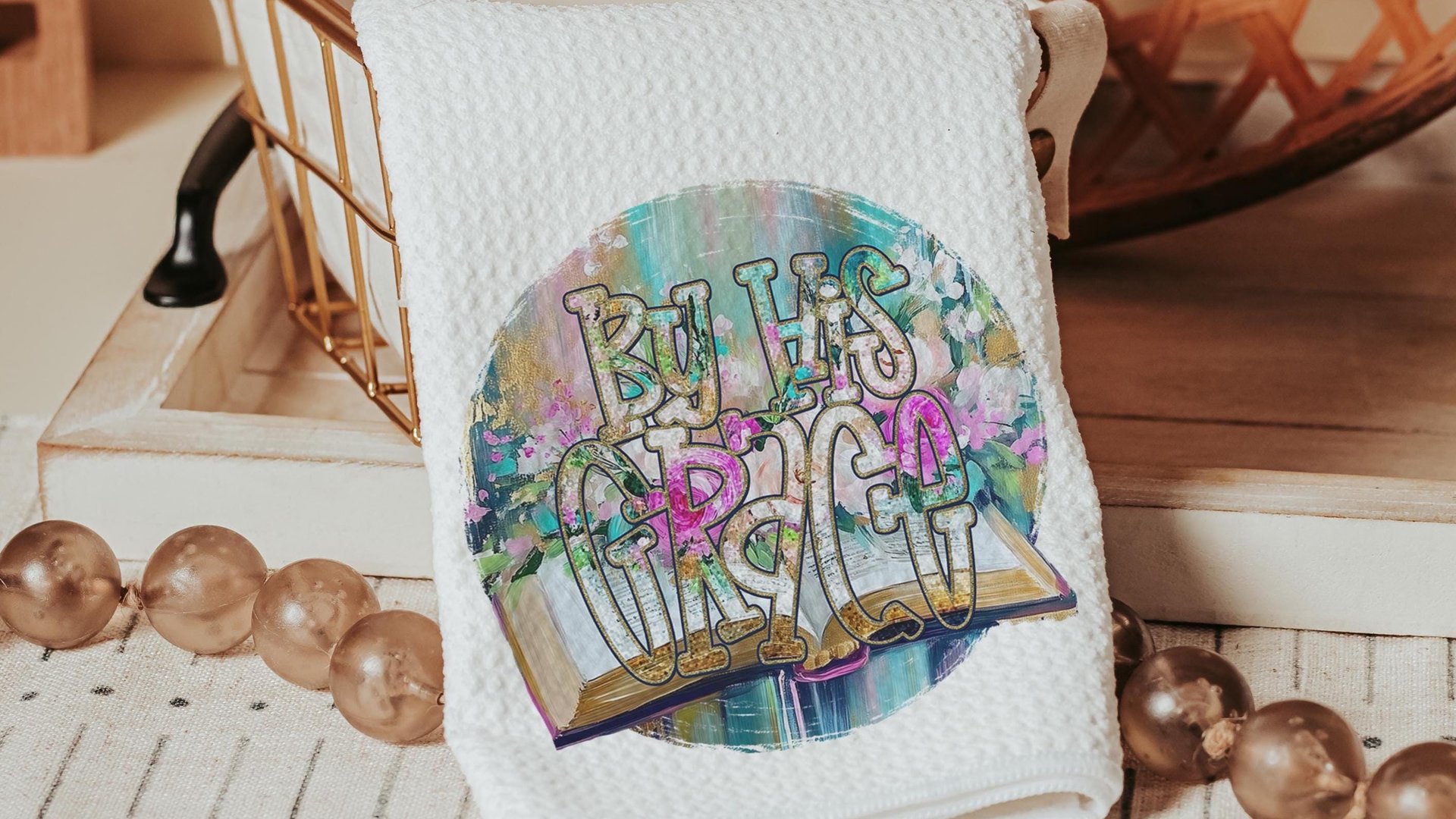 by His grace Christian kitchen towels for Mom, Christian Easter decor gift, watercolor floral hand towels for church, faith gifts for sister