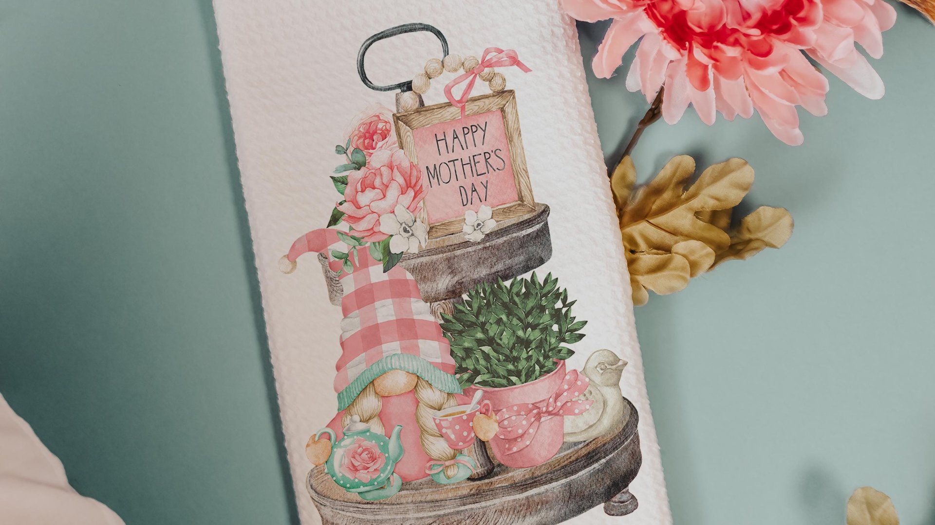 mint green pink gnome kitchen towels for Mom, blush pink floral hand towels for gifting, Mothers day gift for friend, Mothering Sunday gifts