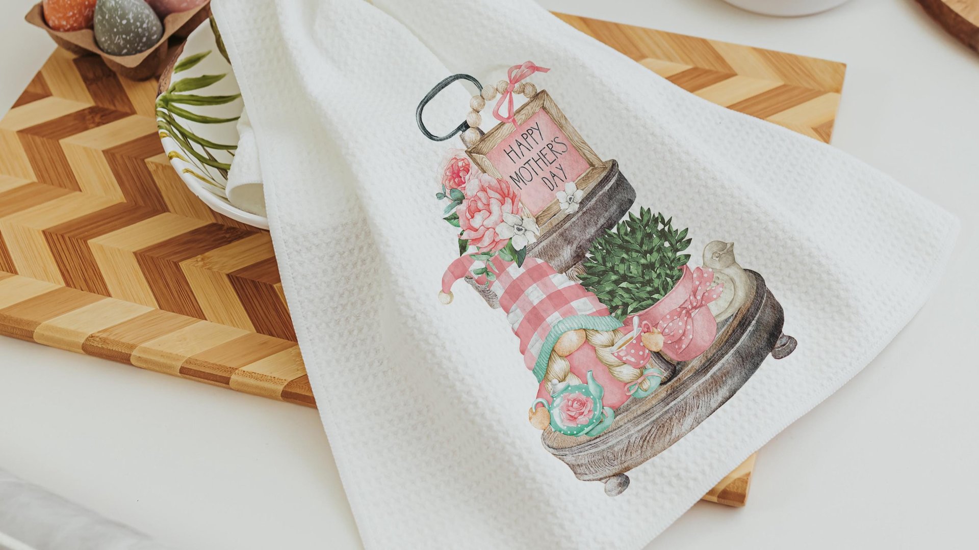 mint green pink gnome kitchen towels for Mom, blush pink floral hand towels for gifting, Mothers day gift for friend, Mothering Sunday gifts