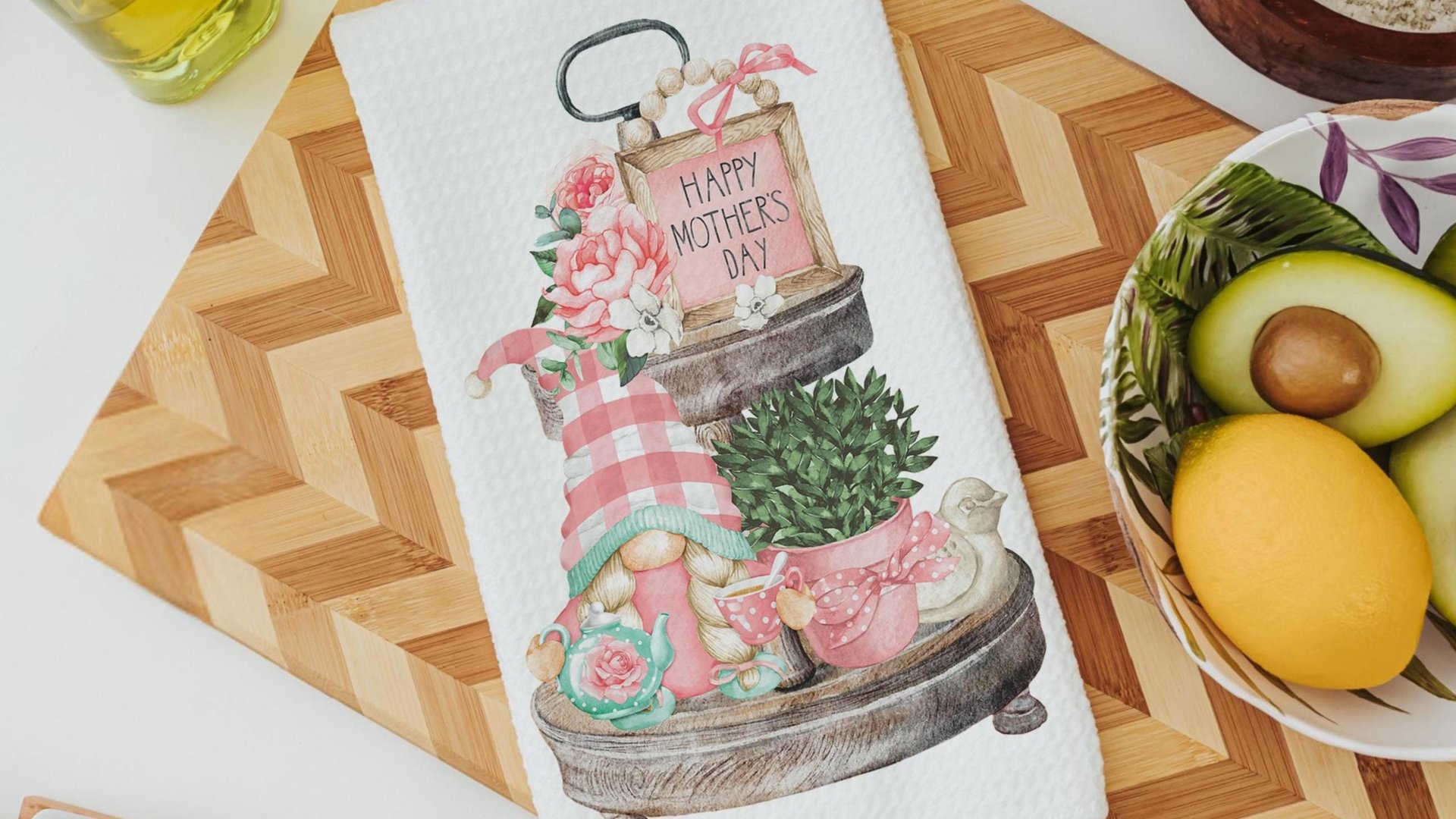 mint green pink gnome kitchen towels for Mom, blush pink floral hand towels for gifting, Mothers day gift for friend, Mothering Sunday gifts