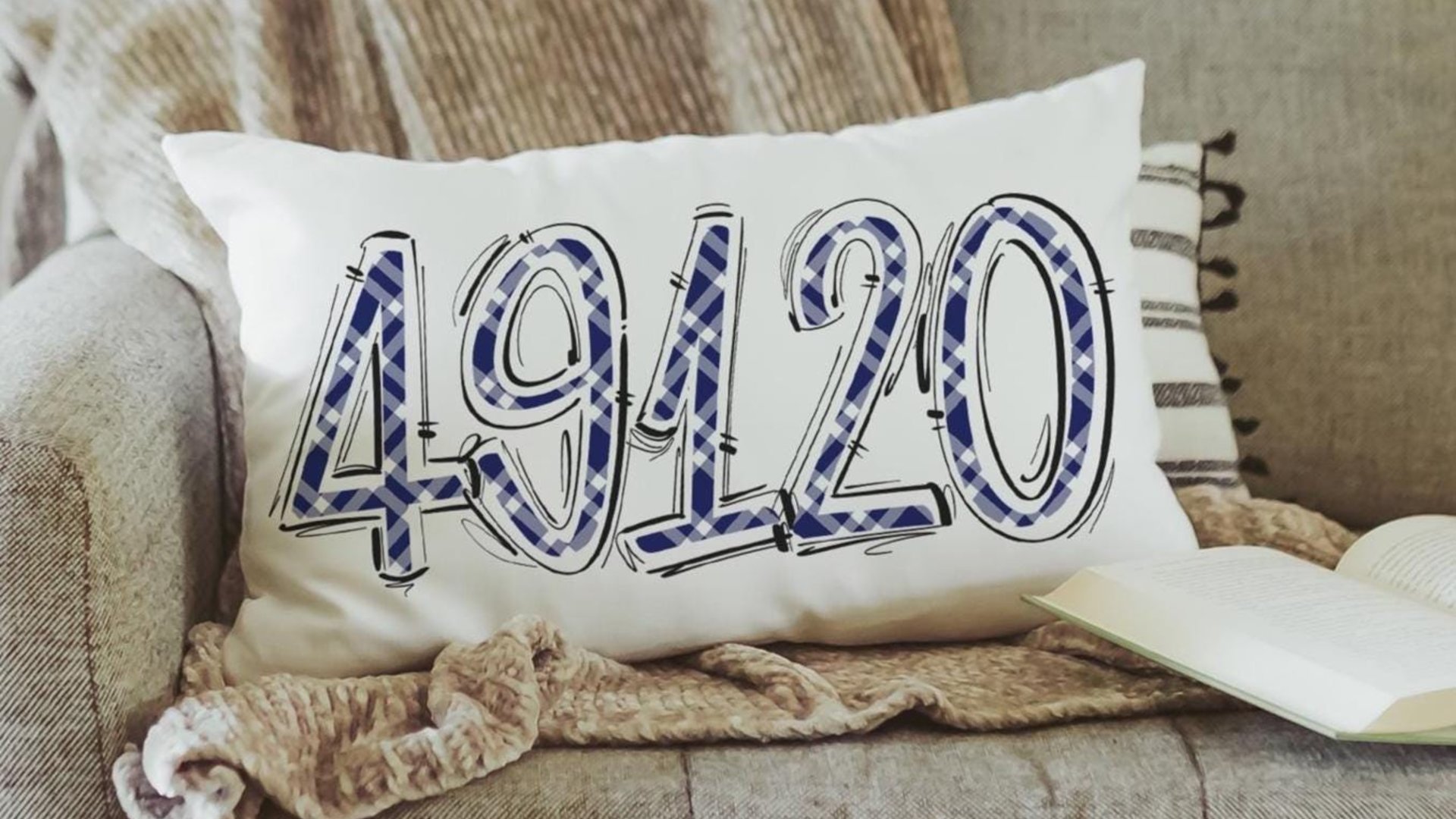 custom zip code pillow for bed, real estate agent gift, teal plaid decorative pillow covers 12x20, realtor office grand opening gift ideas