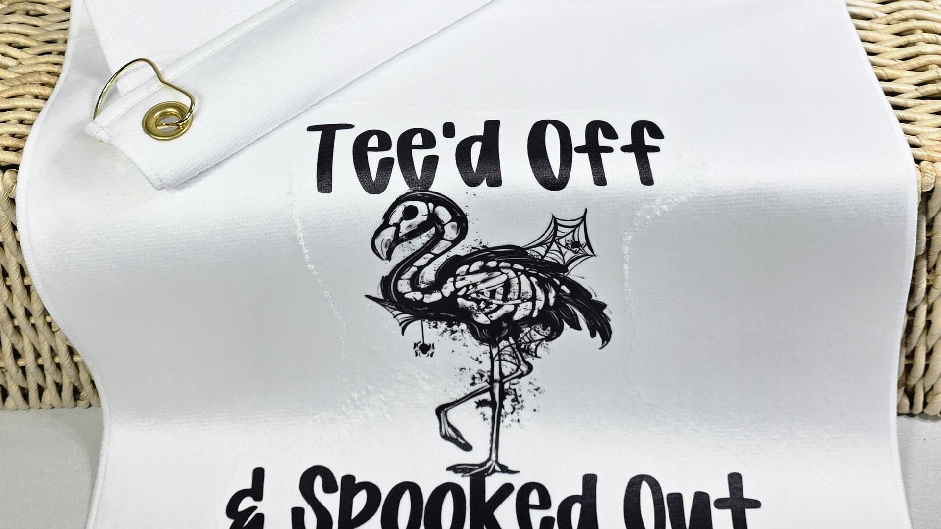 flamingo skeleton funny golf towels with grommet, Halloween golf ball towel with hook, flamingo gifts for women, spooky cute golf gifts for