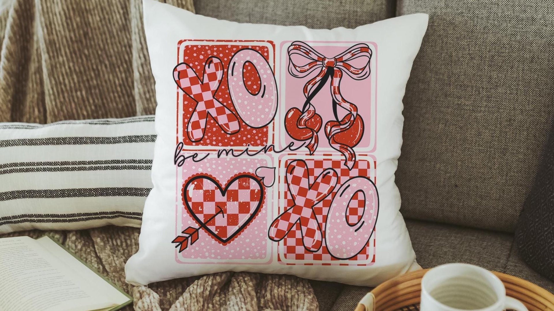 be mine throw pillows for couch red and pink checkered cherry decor, xoxo Valentines Day decorative pillow covers 18x18, Galentines day gift