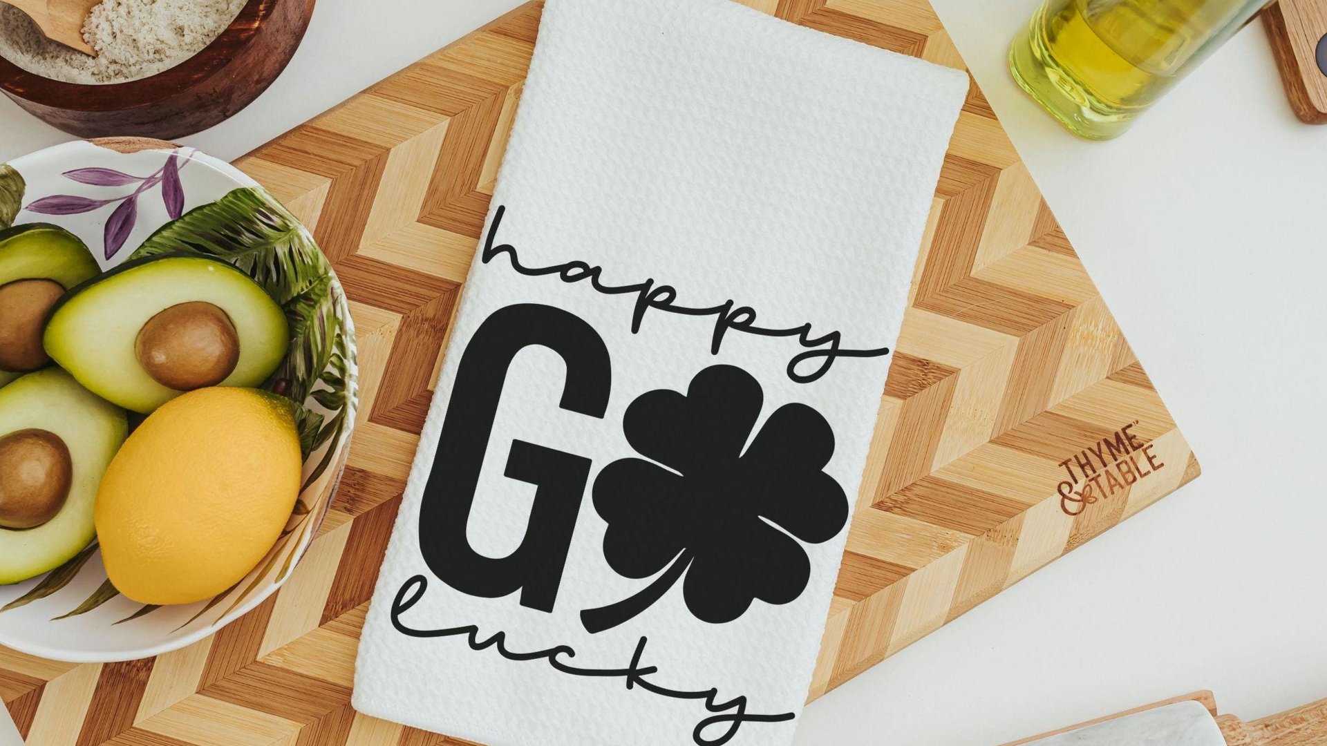 happy go lucky St Patricks day hand towel for powder room, black shamrock St Pattys day kitchen towels, Irish gifts for friends, best gifts