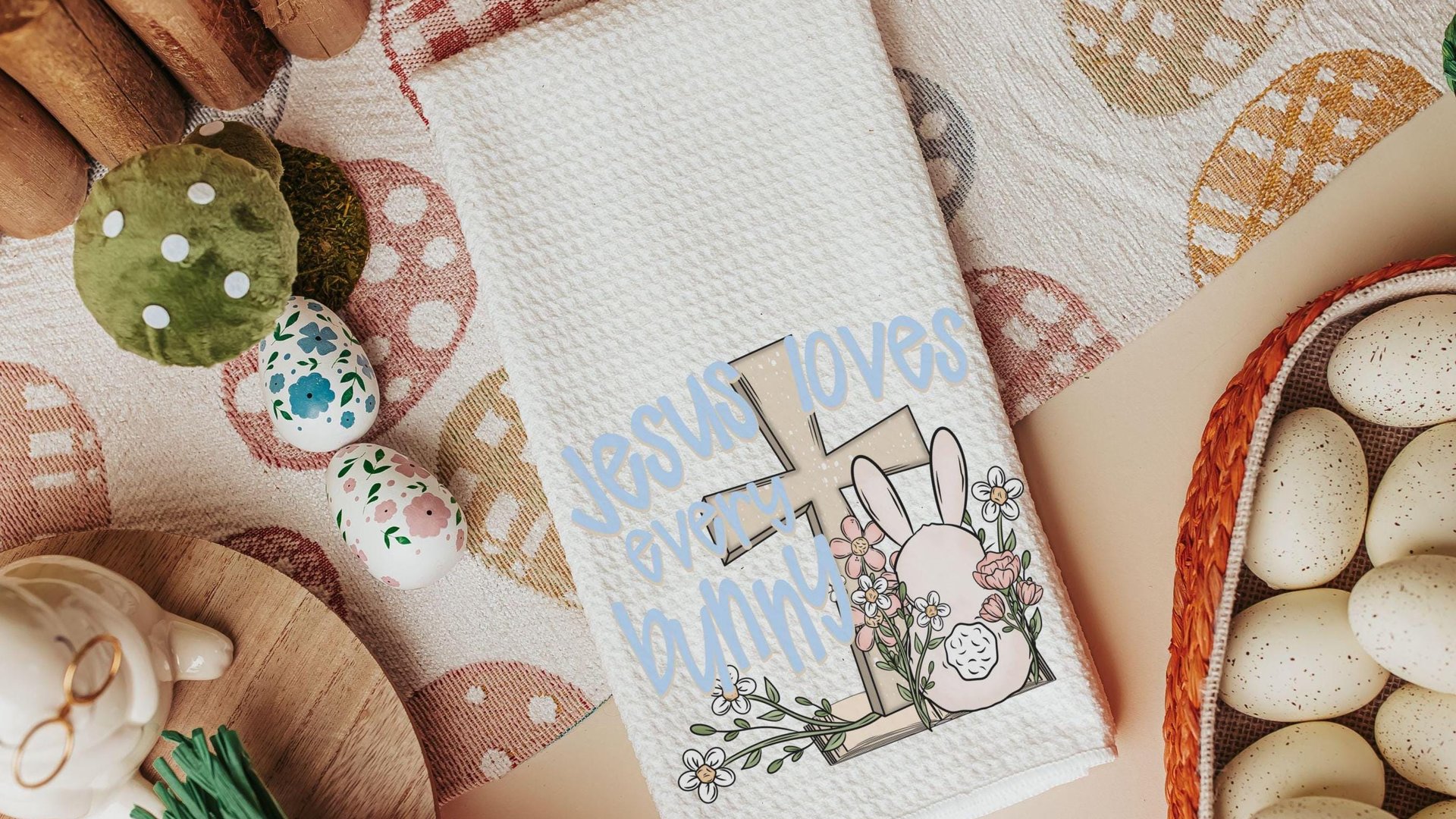Jesus loves every bunny Easter kitchen towels for mom, Christian Easter basket stuffers for women, Easter bunny decorative hand towels for