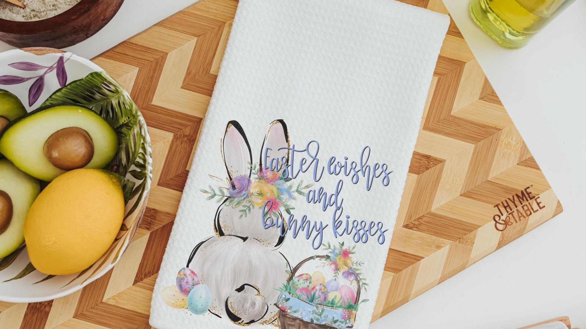 Easter wishes and bunny kisses Easter kitchen towels for Mom, floral Easter bunny butt decorative hand towels for guest bath, cute Easter