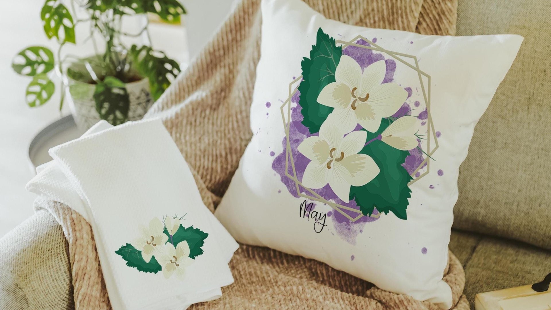 custom May birth flower throw pillow for sofa, Lily of the Valley kitchen towel, May birthday gifts for her, botanical throw pillow covers