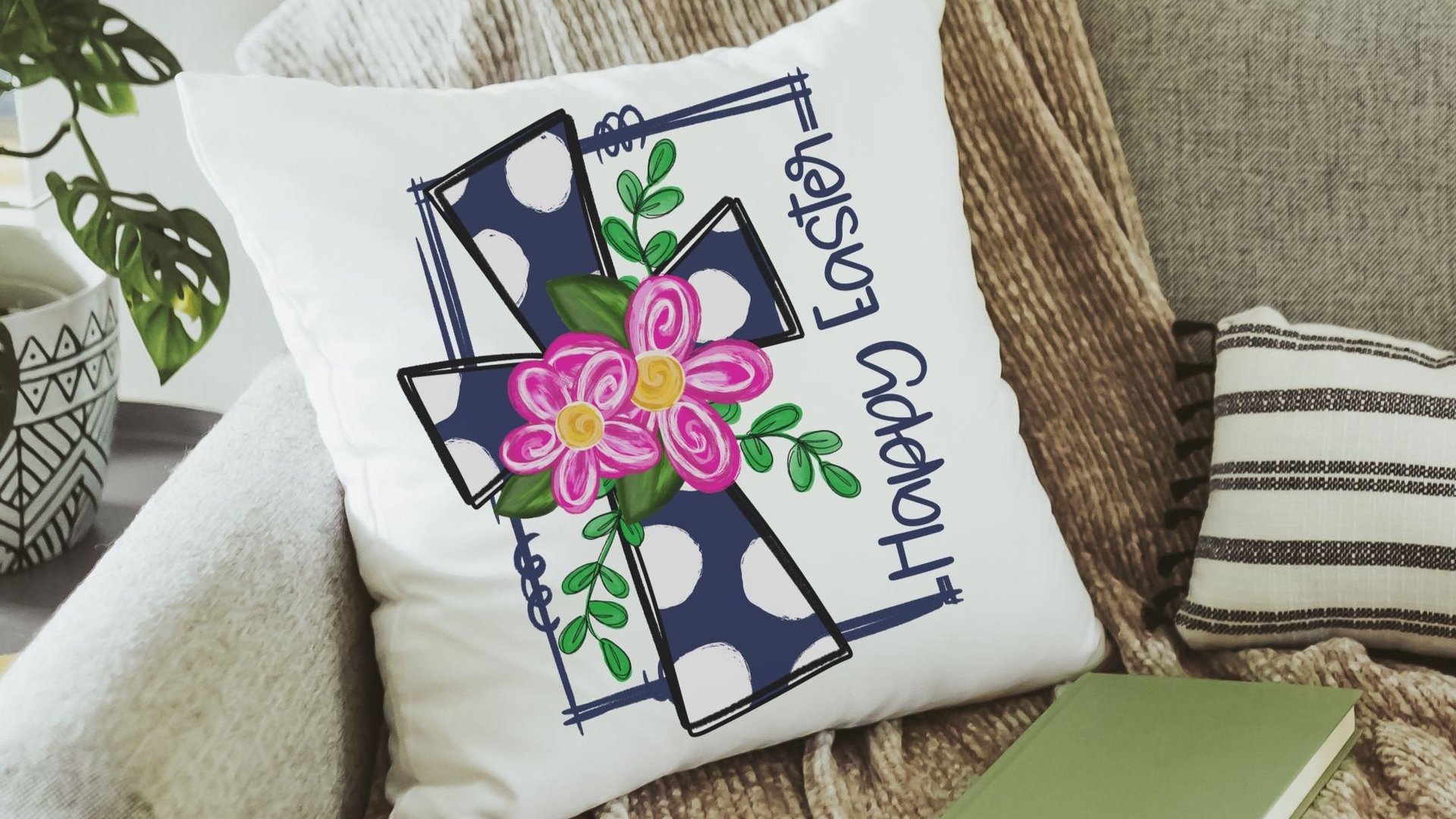 floral Easter cross Easter throw pillow covers 18x18, Christian Easter decor gift, navy blue polka dot Happy Easter decorative pillows for
